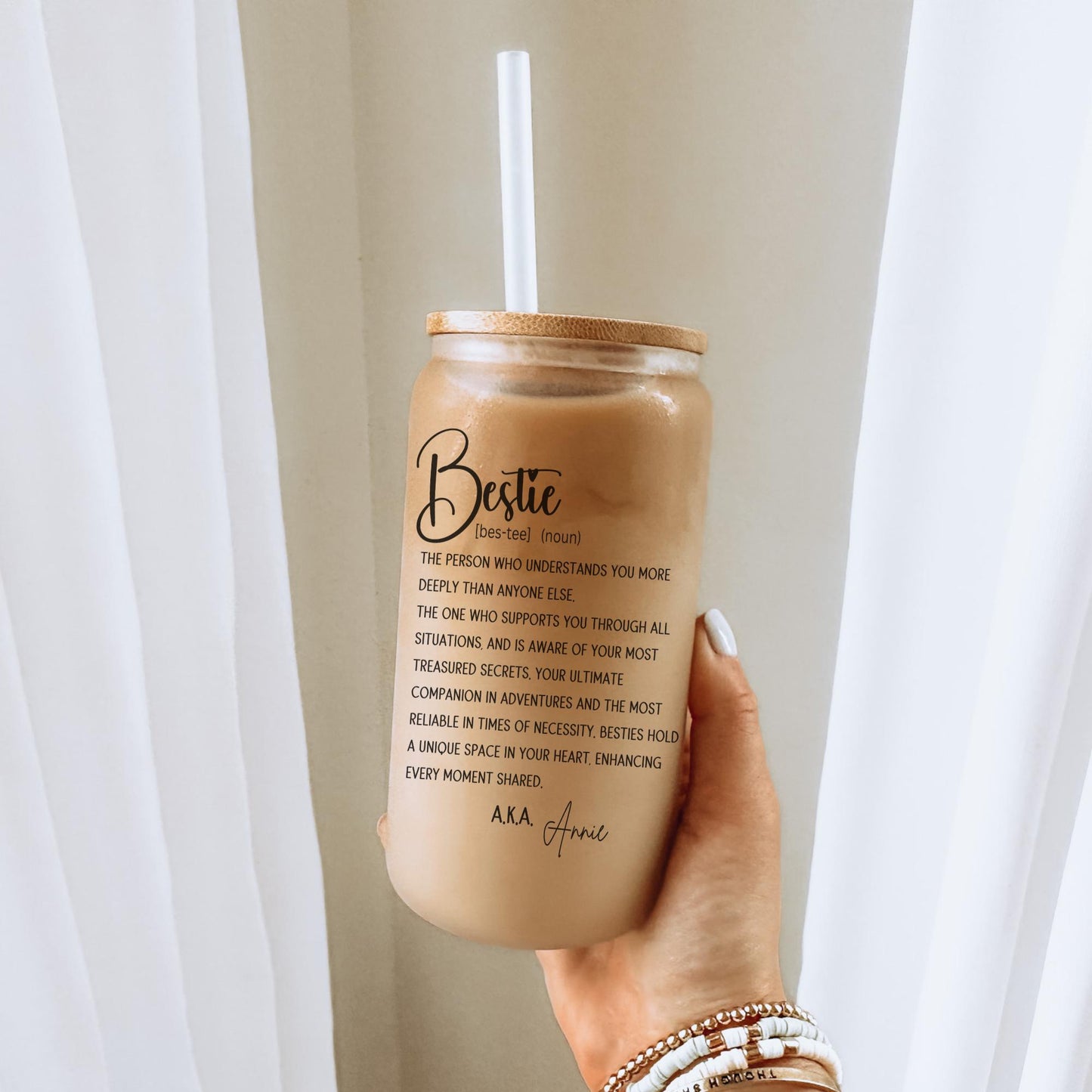 Bestie Gift 16oz Iced Coffee Cup, Best Friend Gift Idea Friend's Birthday Coffee Glass, Custom Name Glass, Coffee Cup w/ Straw & Bamboo Lid.