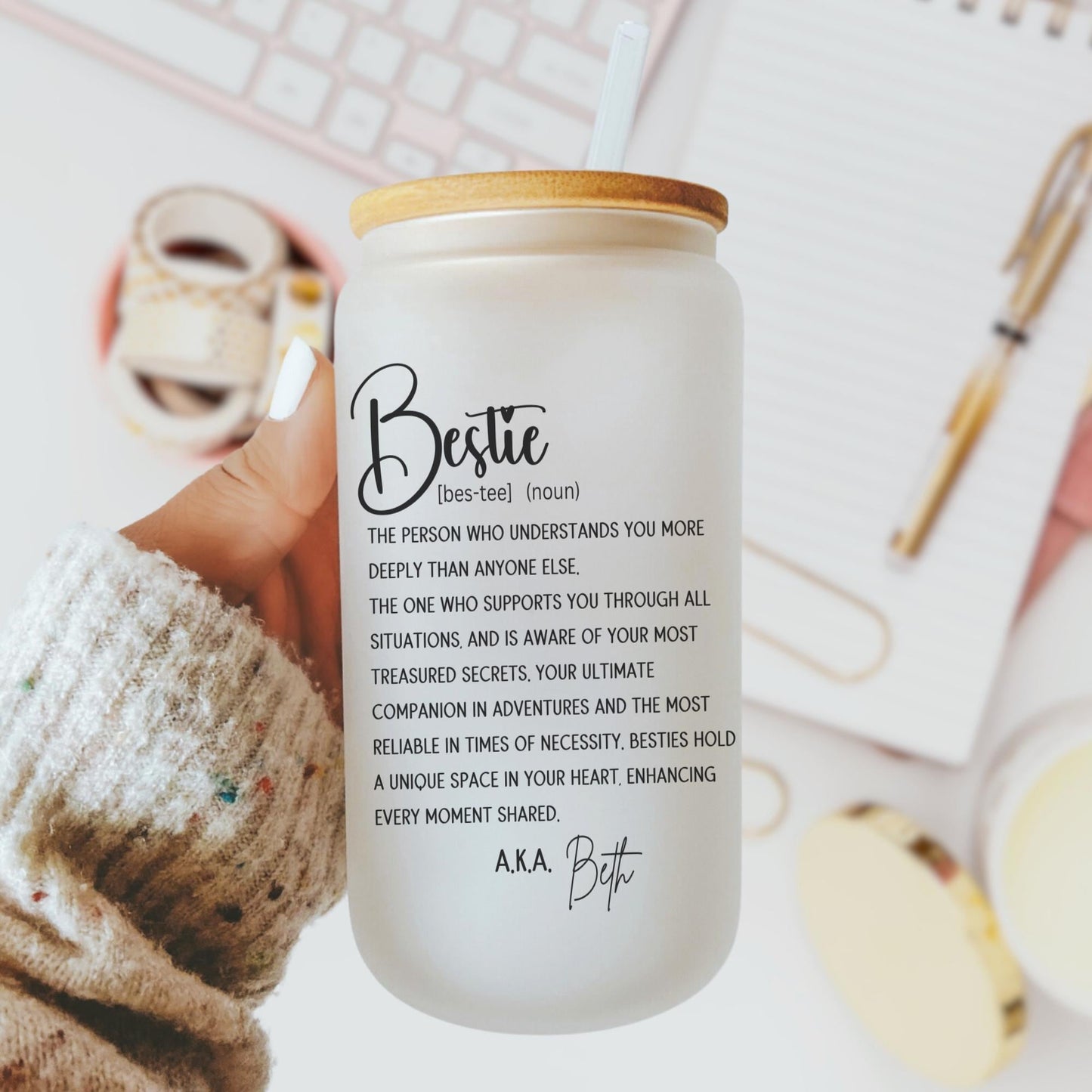 Bestie Gift 16oz Iced Coffee Cup, Best Friend Gift Idea Friend's Birthday Coffee Glass, Custom Name Glass, Coffee Cup w/ Straw & Bamboo Lid.