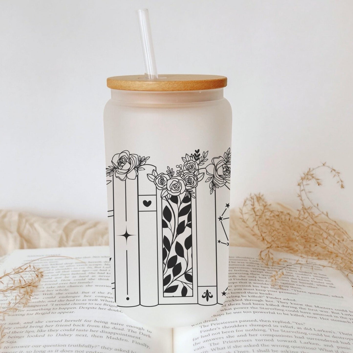Floral Book Lover 16oz Iced Coffee Cup, Gifts for Bookworms, Reader Gift, Book Club Gift, Coffee Cup w/ Reusable Straw & Lid.