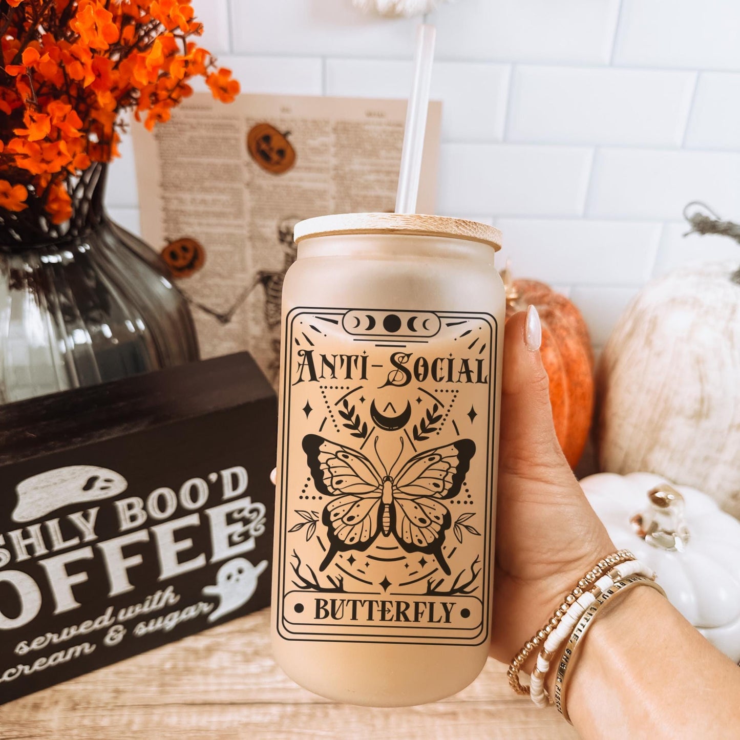Anti-social Tarot Card 16oz Iced Coffee Cup, Halloween Glass Coffee Cup, Sarcastic Tarot Card, Gifts For Her, Cup w/ Straw & Bamboo Lid.