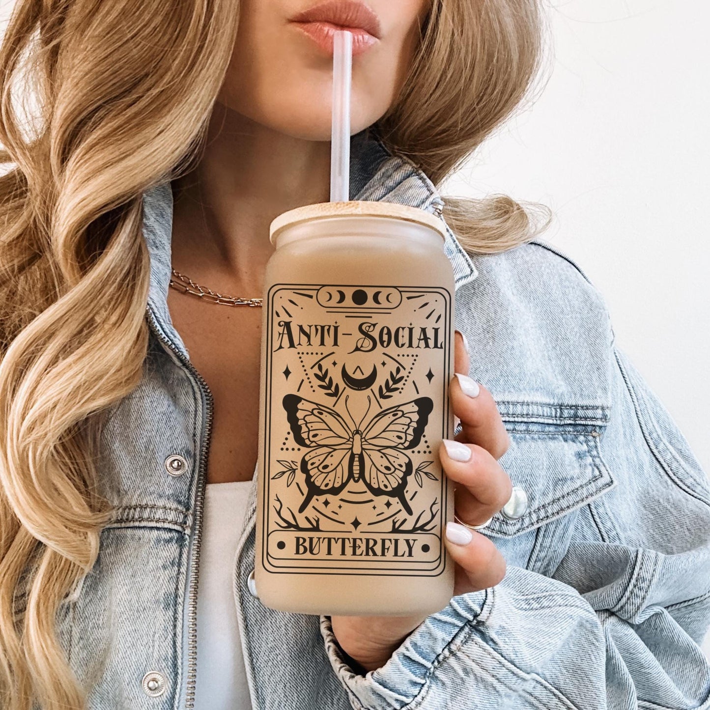 Anti-social Tarot Card 16oz Iced Coffee Cup, Halloween Glass Coffee Cup, Sarcastic Tarot Card, Gifts For Her, Cup w/ Straw & Bamboo Lid.