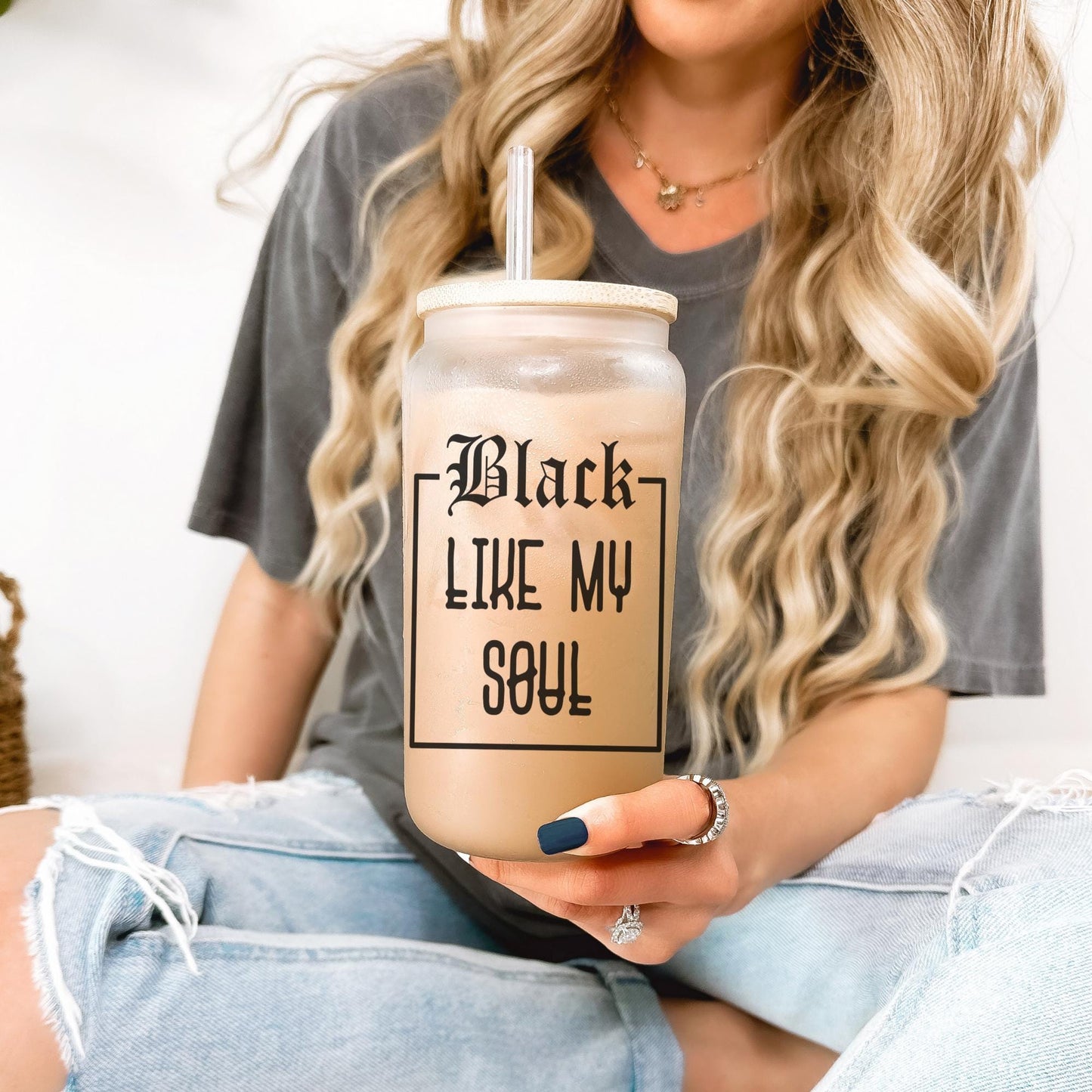 Black Like My Soul 16oz Iced Coffee Cup, Cold Drink Cup, Funny Coffee Cup, Coffee Lover Gift, Coffee Cup w/ Reusable Straw & Bamboo Lid.
