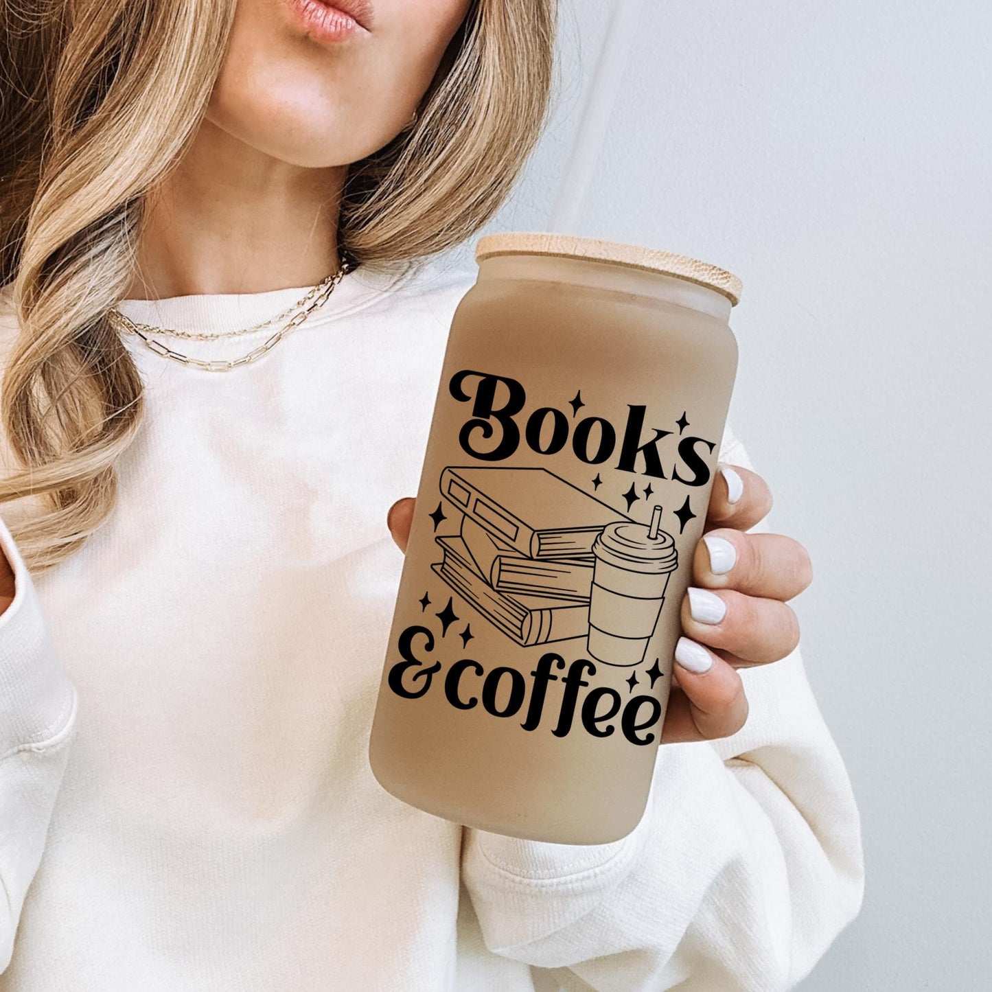 Books and Coffee 16oz Iced Coffee Cup, Cute Books Lover Cup, Books Club Gift, Books Lover Gift, Coffee Cup w/ Straw & Bamboo Lid.