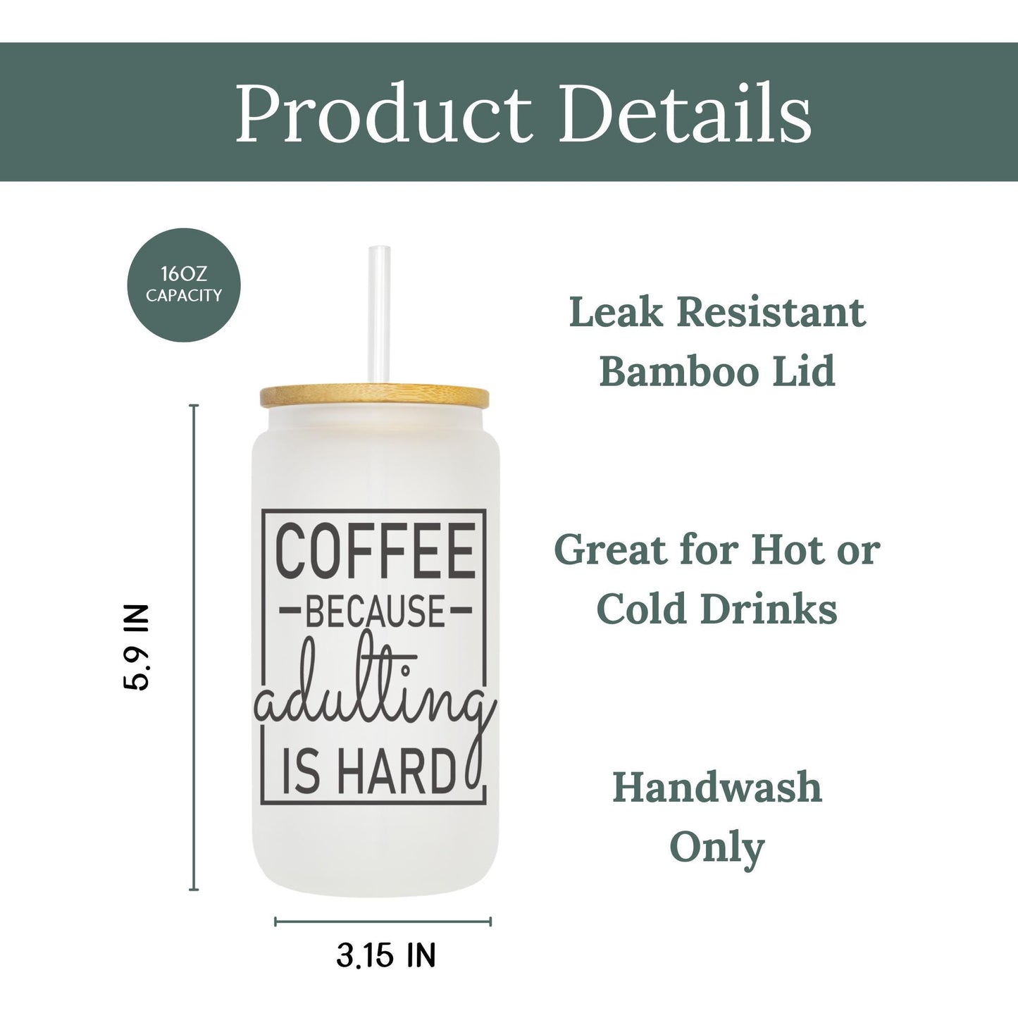Coffee Because Adulting is Hard 16oz Iced Coffee Cup, Coworker Gift, Sarcastic Humor Coffee Gift, Coffee Cup w/ Straw & Bamboo Lid.