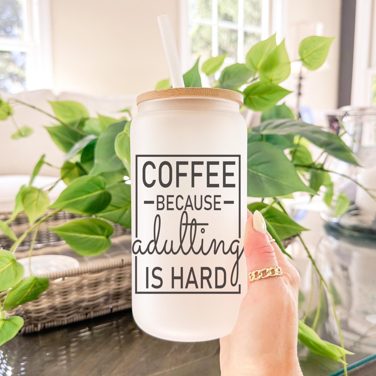 Coffee Because Adulting is Hard 16oz Iced Coffee Cup, Coworker Gift, Sarcastic Humor Coffee Gift, Coffee Cup w/ Straw & Bamboo Lid.