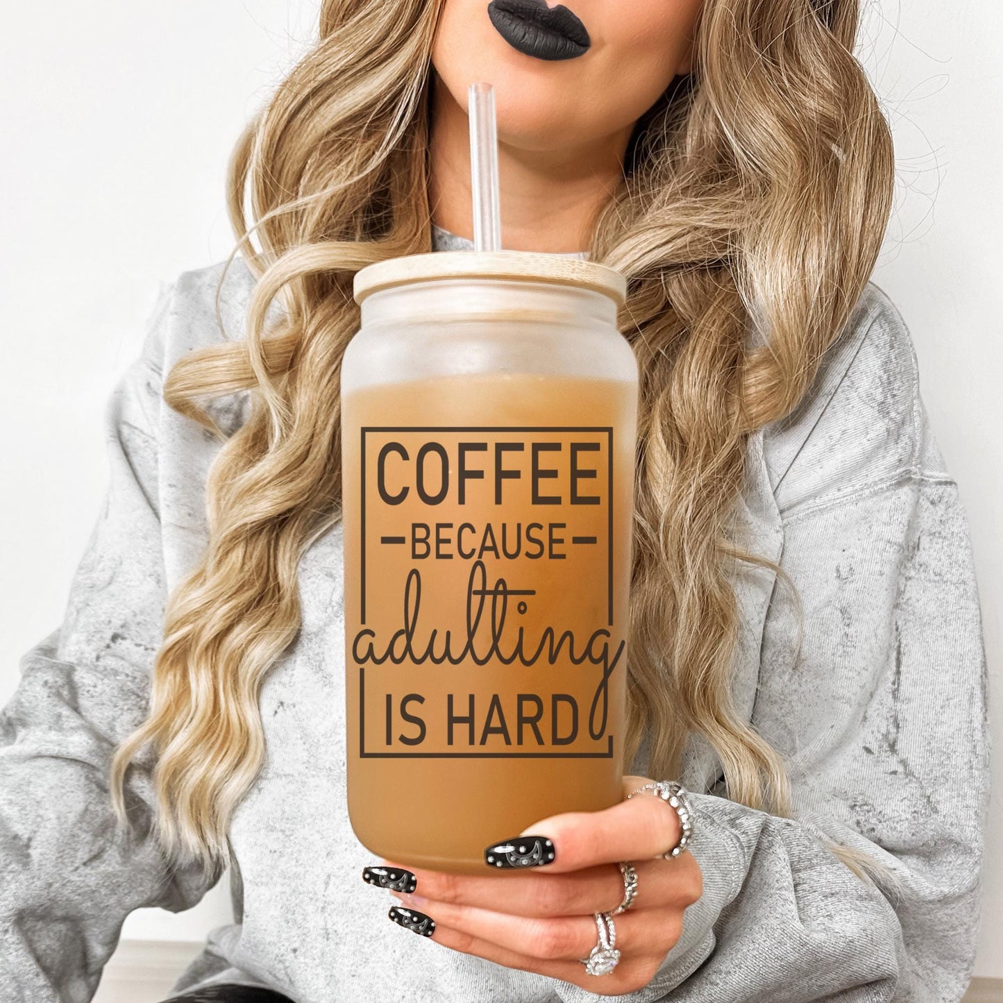 Coffee Because Adulting is Hard 16oz Iced Coffee Cup, Coworker Gift, Sarcastic Humor Coffee Gift, Coffee Cup w/ Straw & Bamboo Lid.