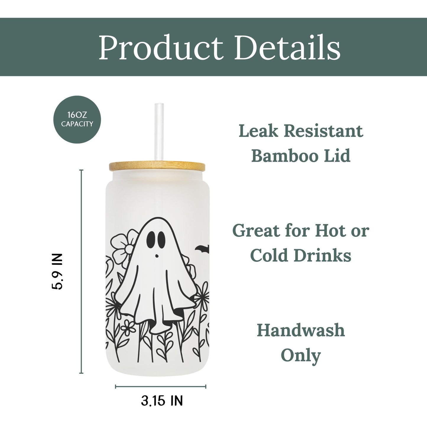 Floral Ghost 16oz Iced Coffee Cup, Halloween Gift, Fall Lover Iced Coffee Can, Halloween Glass Can, Coffee Cup w/ Straw & Bamboo Lid.