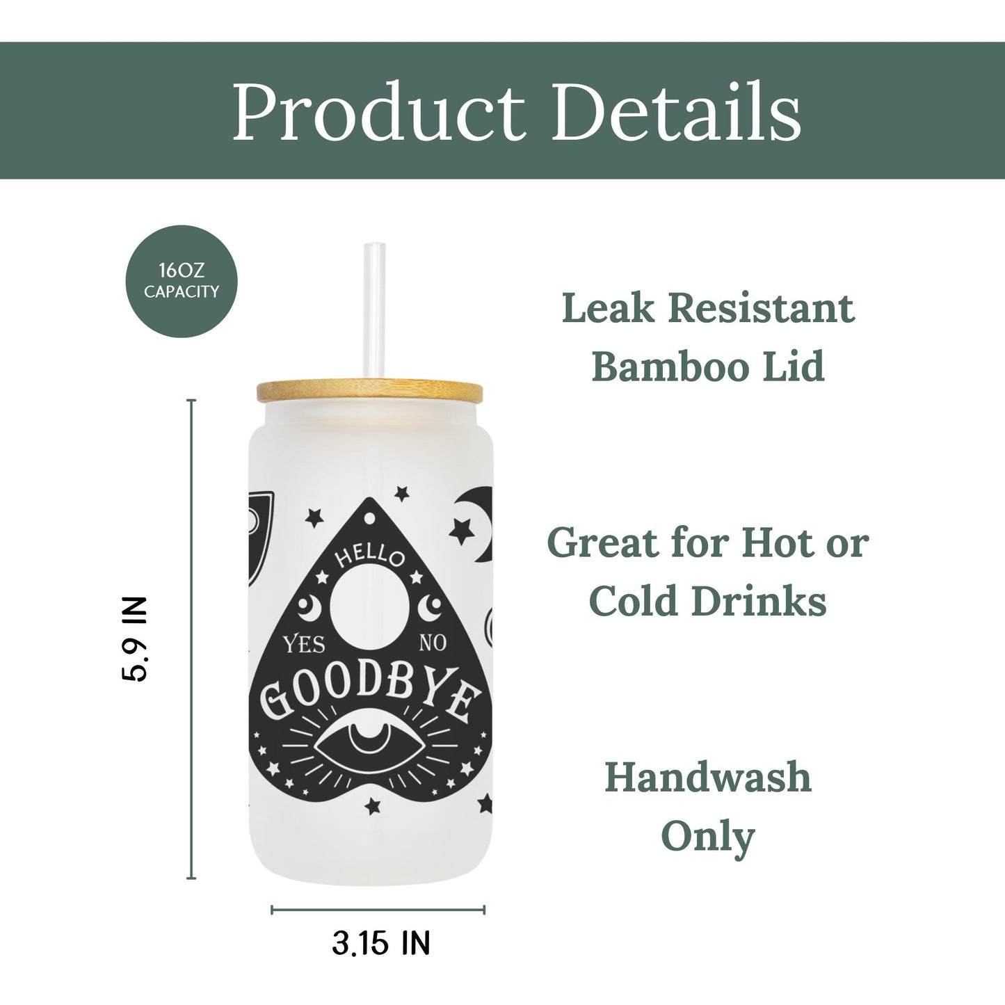 Hello Goodbye 16oz Iced Coffee Glass, Witch Gift Cup, Mystical Gift, Gift for Her, Halloween Gift, Iced Coffee Cup w/ Straw & Bamboo Lid.
