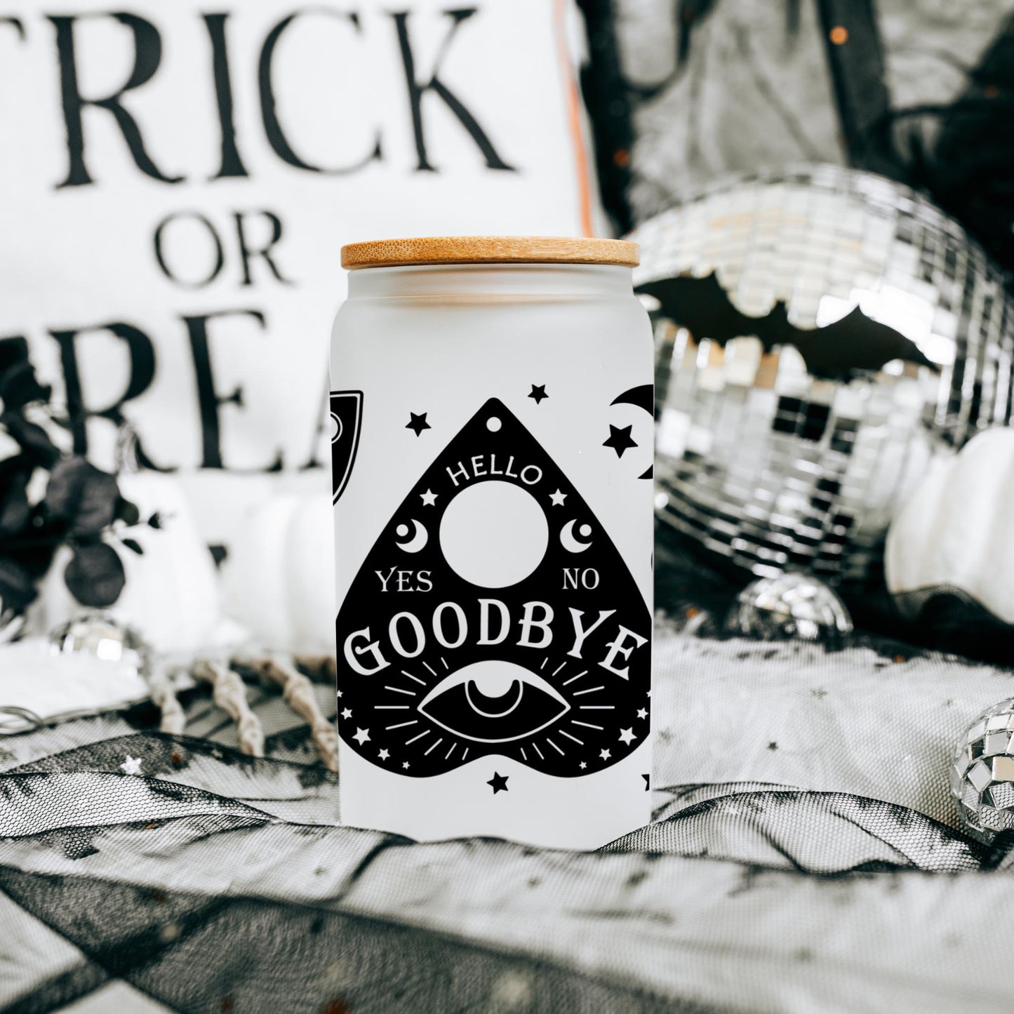 Hello Goodbye 16oz Iced Coffee Glass, Witch Gift Cup, Mystical Gift, Gift for Her, Halloween Gift, Iced Coffee Cup w/ Straw & Bamboo Lid.