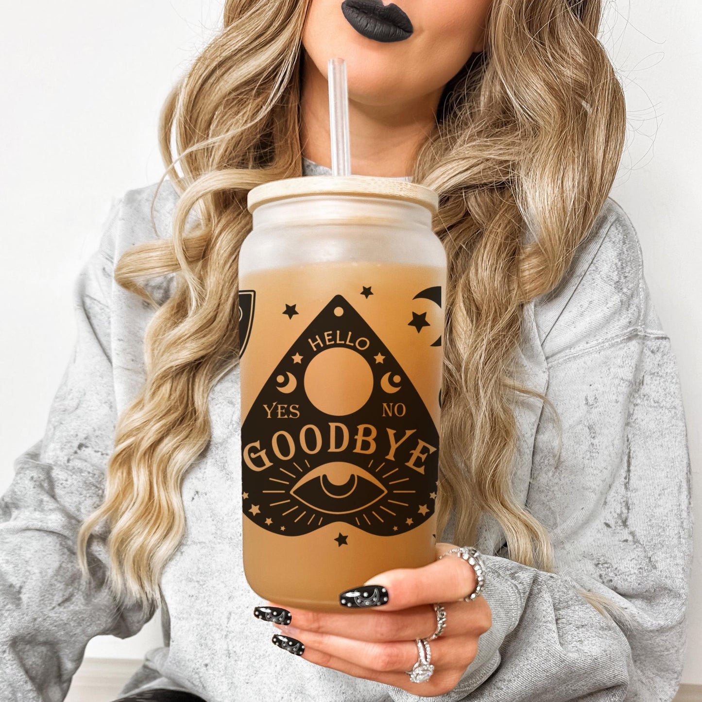 Hello Goodbye 16oz Iced Coffee Glass, Witch Gift Cup, Mystical Gift, Gift for Her, Halloween Gift, Iced Coffee Cup w/ Straw & Bamboo Lid.