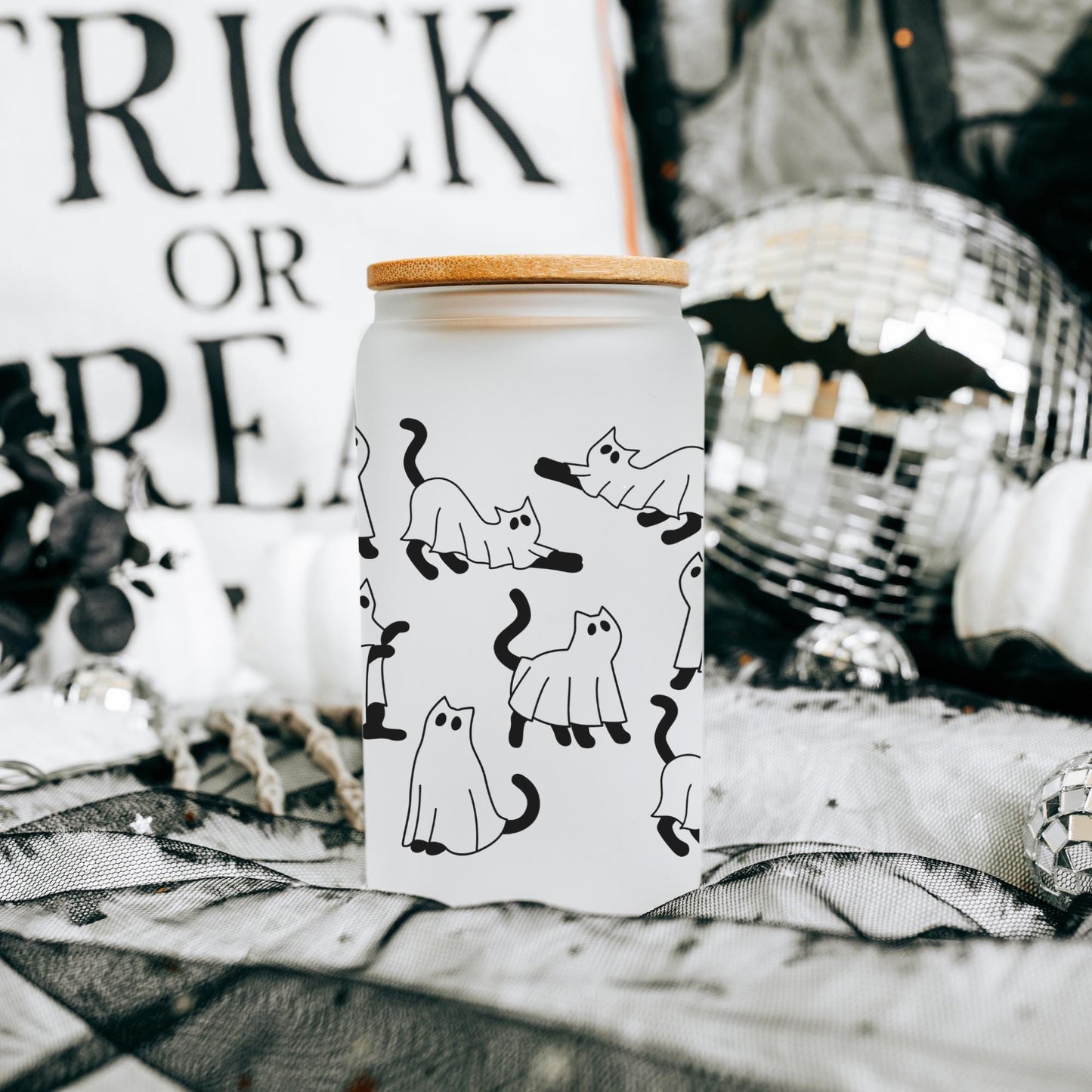 Black Cat Ghosts 16oz Iced Coffee Cup, Halloween Ghost Cup, Spooky Season Cat Cup, Halloween Cute Gift, Coffee Cup w/ Straw & Bamboo Lid.
