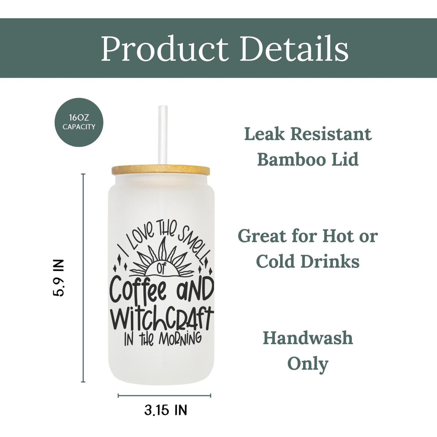 Coffee and Witchcraft 16oz Iced Coffee Cup, Mystical Glass Cup, Witchy Gift Cup, Gift for Her, Coffee Cup w/ Reusable Straw & Bamboo Lid.