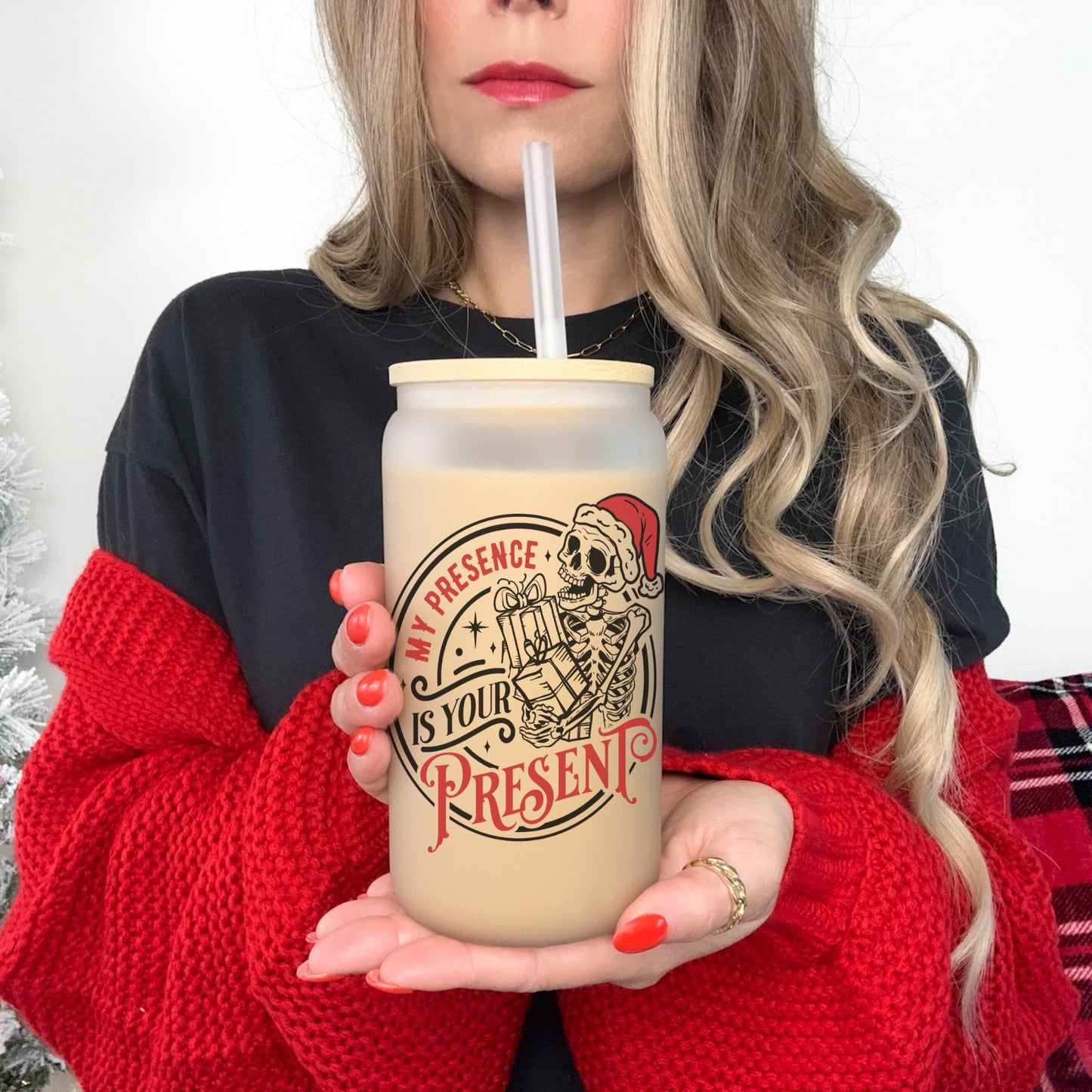 My Presence is Your Present 16oz Iced Coffee Cup, Winter Iced Coffee Glass, Holiday Glass, Christmas Glass Can, Coffee Cup w/ Straw & Lid.