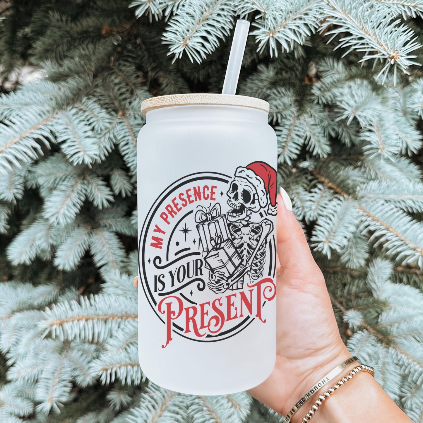 My Presence is Your Present 16oz Iced Coffee Cup, Winter Iced Coffee Glass, Holiday Glass, Christmas Glass Can, Coffee Cup w/ Straw & Lid.