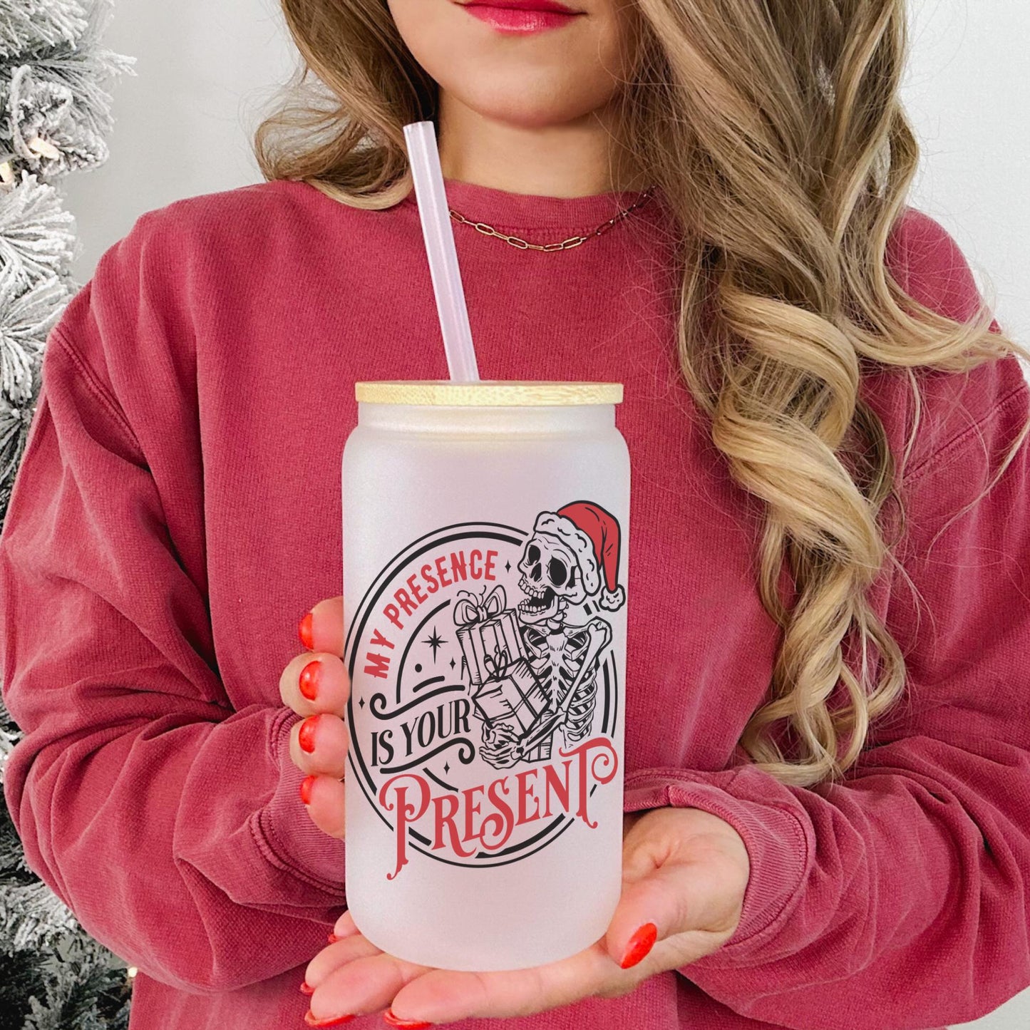 My Presence is Your Present 16oz Iced Coffee Cup, Winter Iced Coffee Glass, Holiday Glass, Christmas Glass Can, Coffee Cup w/ Straw & Lid.