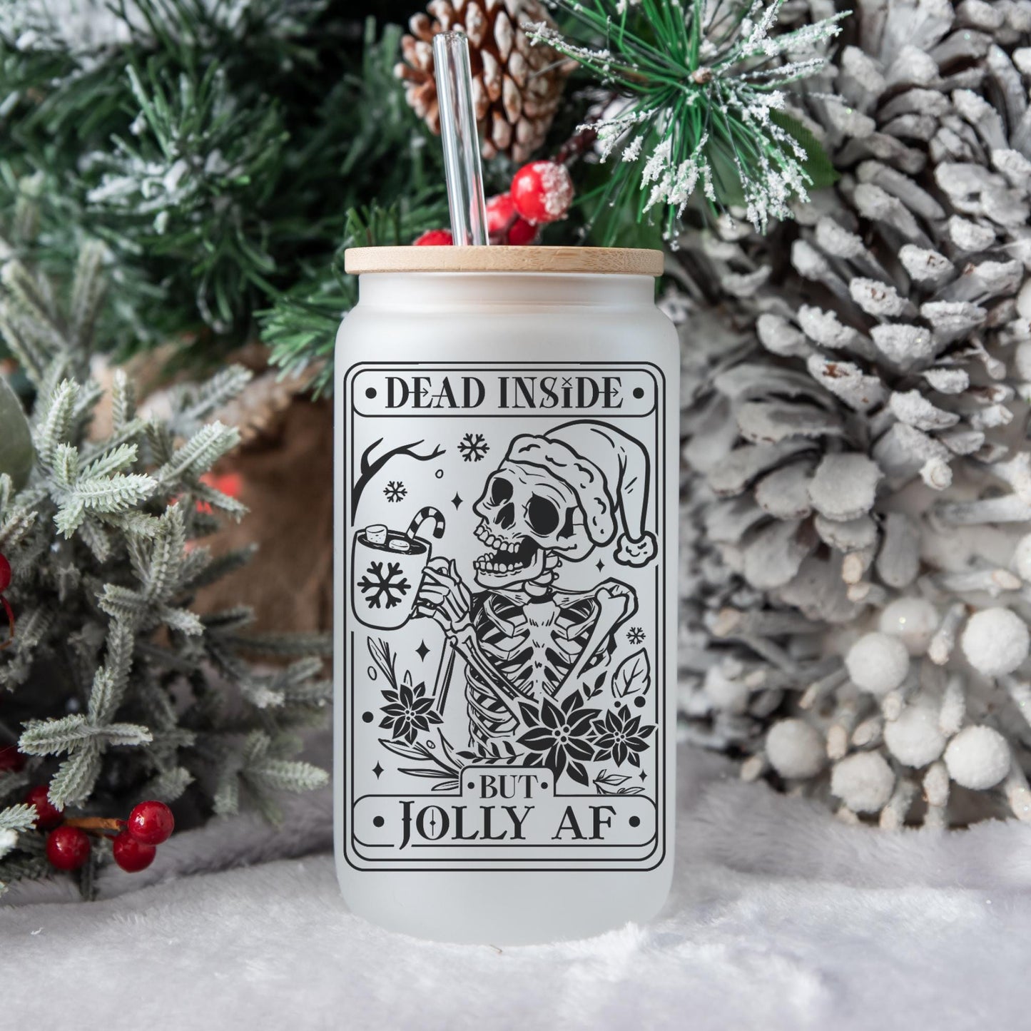 Jolly AF Tarot Card 16oz Iced Coffee Cup, Christmas Cups, Coffee Glass, Iced Coffee Glass, Holiday Glass, Coffee Cup w/ Straw & Bamboo Lid.