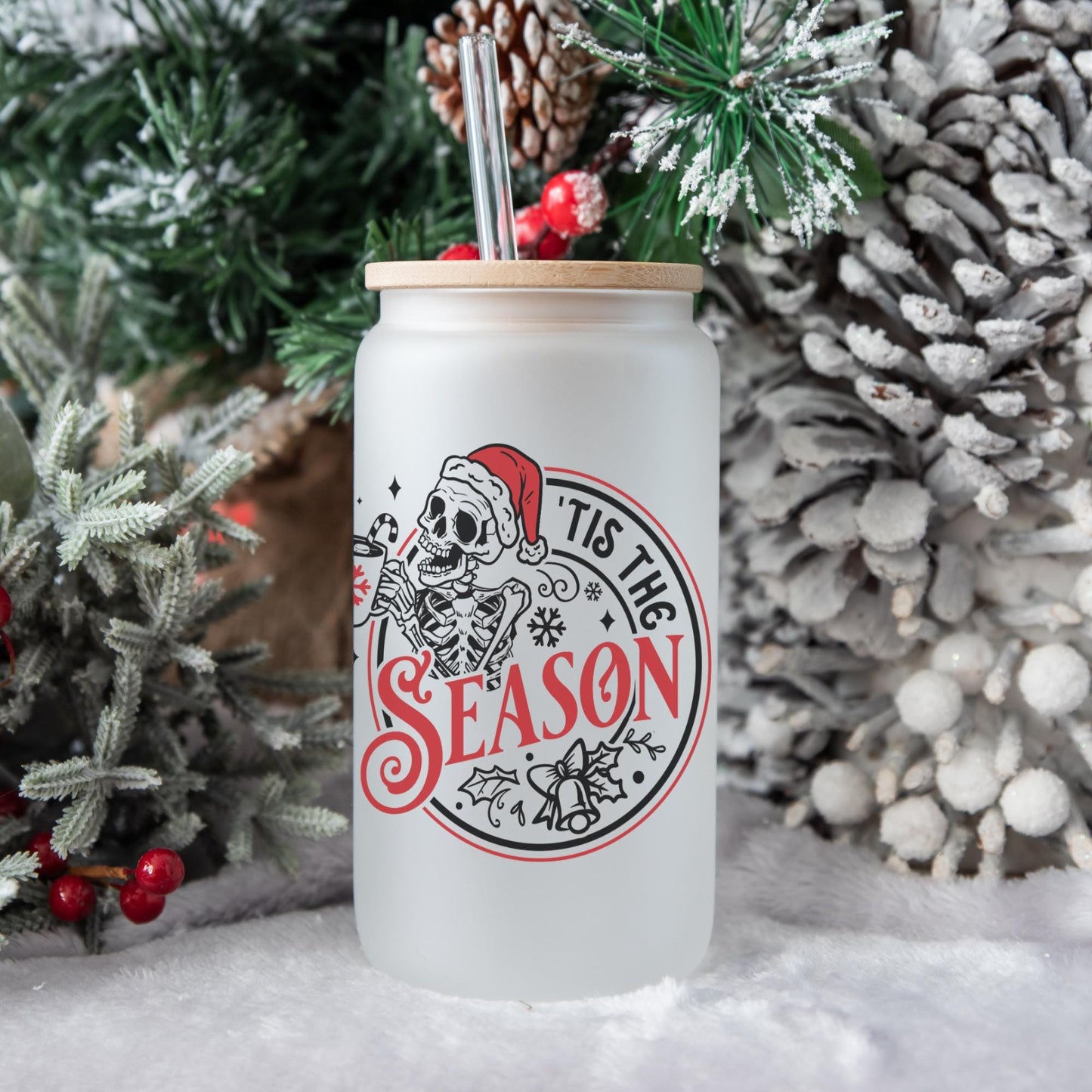 Tis the Season 16oz Iced Coffee Cup, Christmas Cups, Coffee Glass, Iced Coffee Glass, Holiday Glass, Coffee Cup w/ Reusable Straw & Lid.