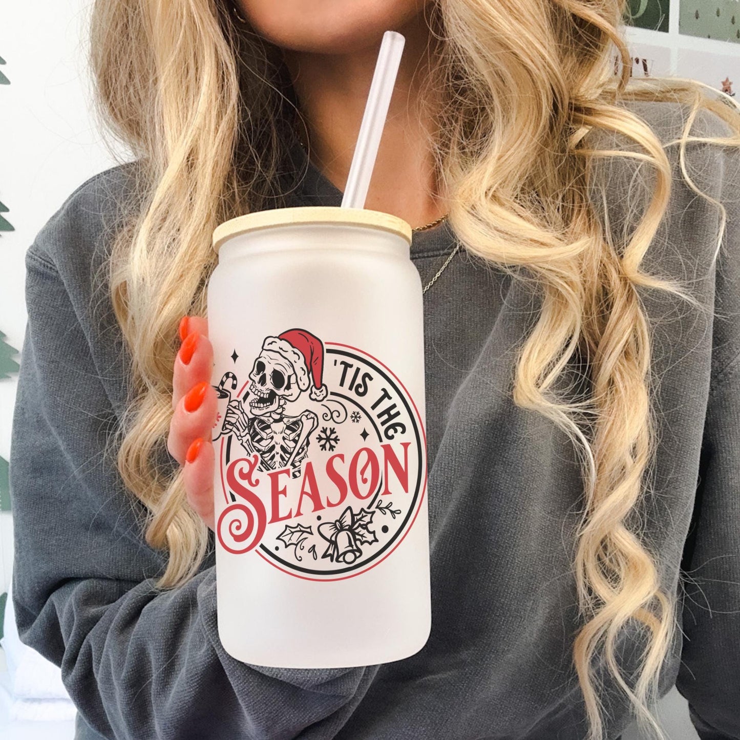Tis the Season 16oz Iced Coffee Cup, Christmas Cups, Coffee Glass, Iced Coffee Glass, Holiday Glass, Coffee Cup w/ Reusable Straw & Lid.