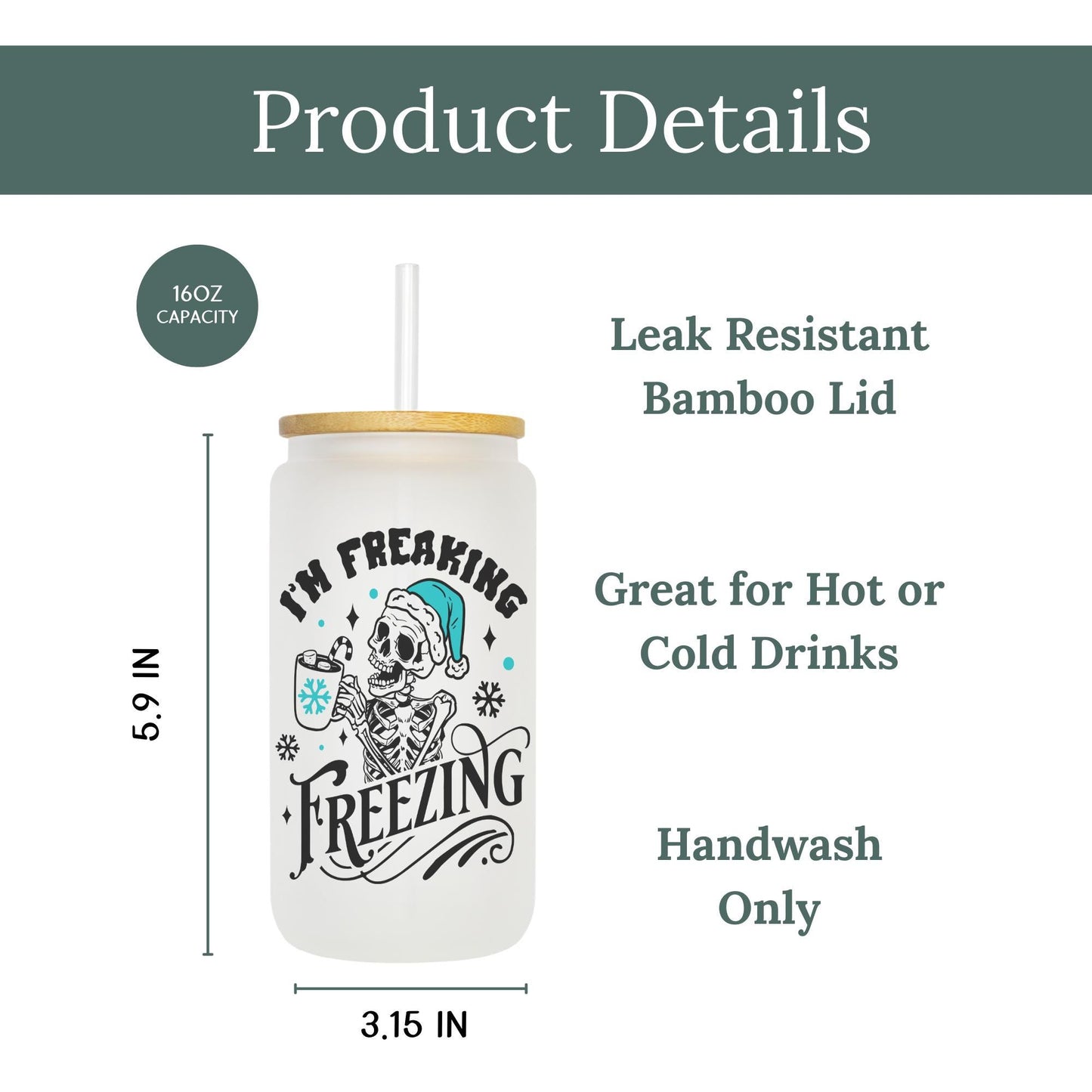 I'm Freaking Freezing 16oz Iced Coffee Cup, Iced Coffee Glass, Holiday Glass, Christmas Glass Can, Coffee Cup w/ Reusable Straw & Lid.