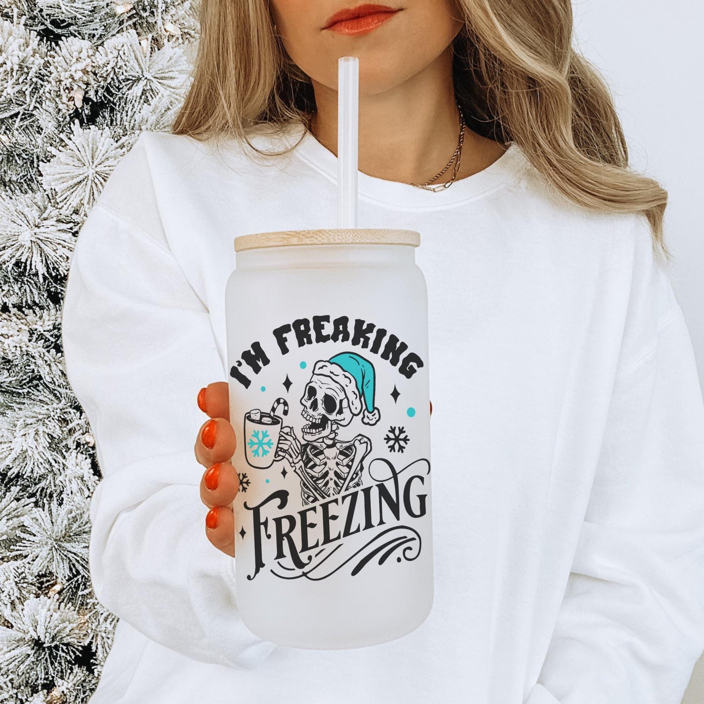I'm Freaking Freezing 16oz Iced Coffee Cup, Iced Coffee Glass, Holiday Glass, Christmas Glass Can, Coffee Cup w/ Reusable Straw & Lid.