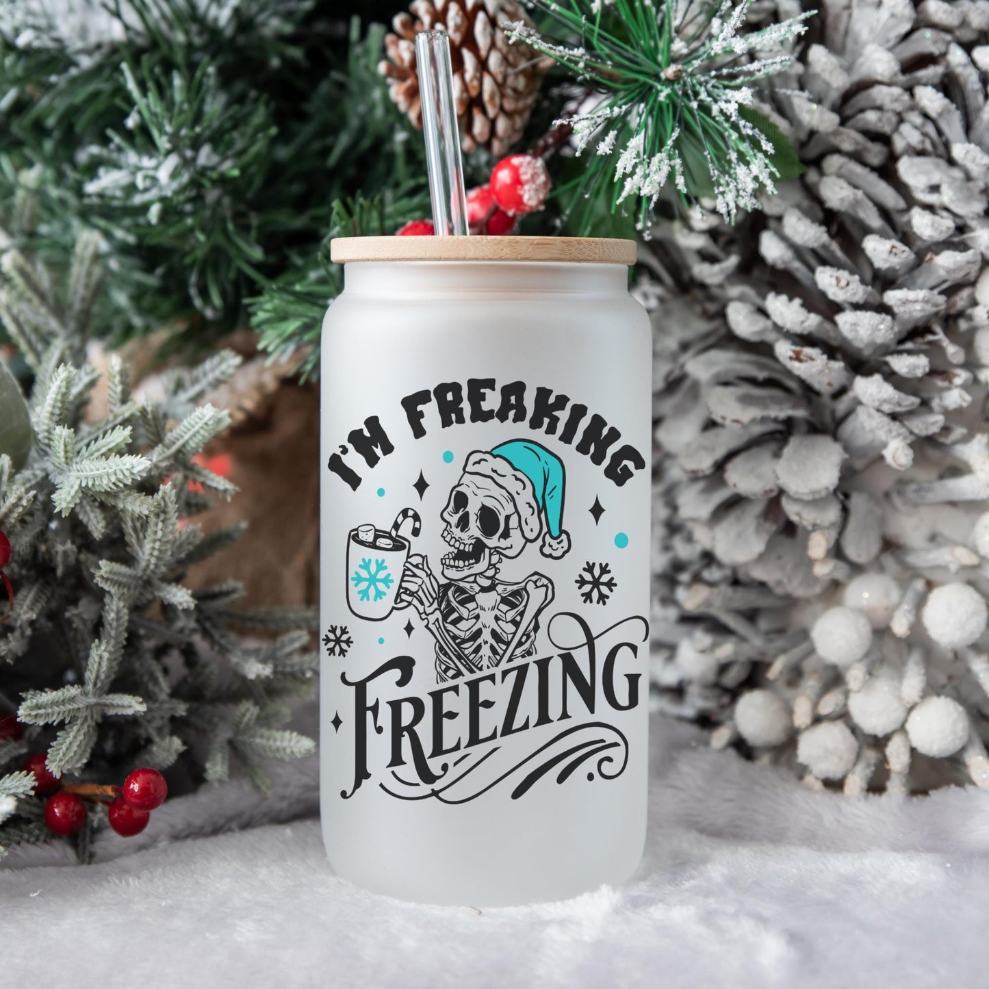 I'm Freaking Freezing 16oz Iced Coffee Cup, Iced Coffee Glass, Holiday Glass, Christmas Glass Can, Coffee Cup w/ Reusable Straw & Lid.