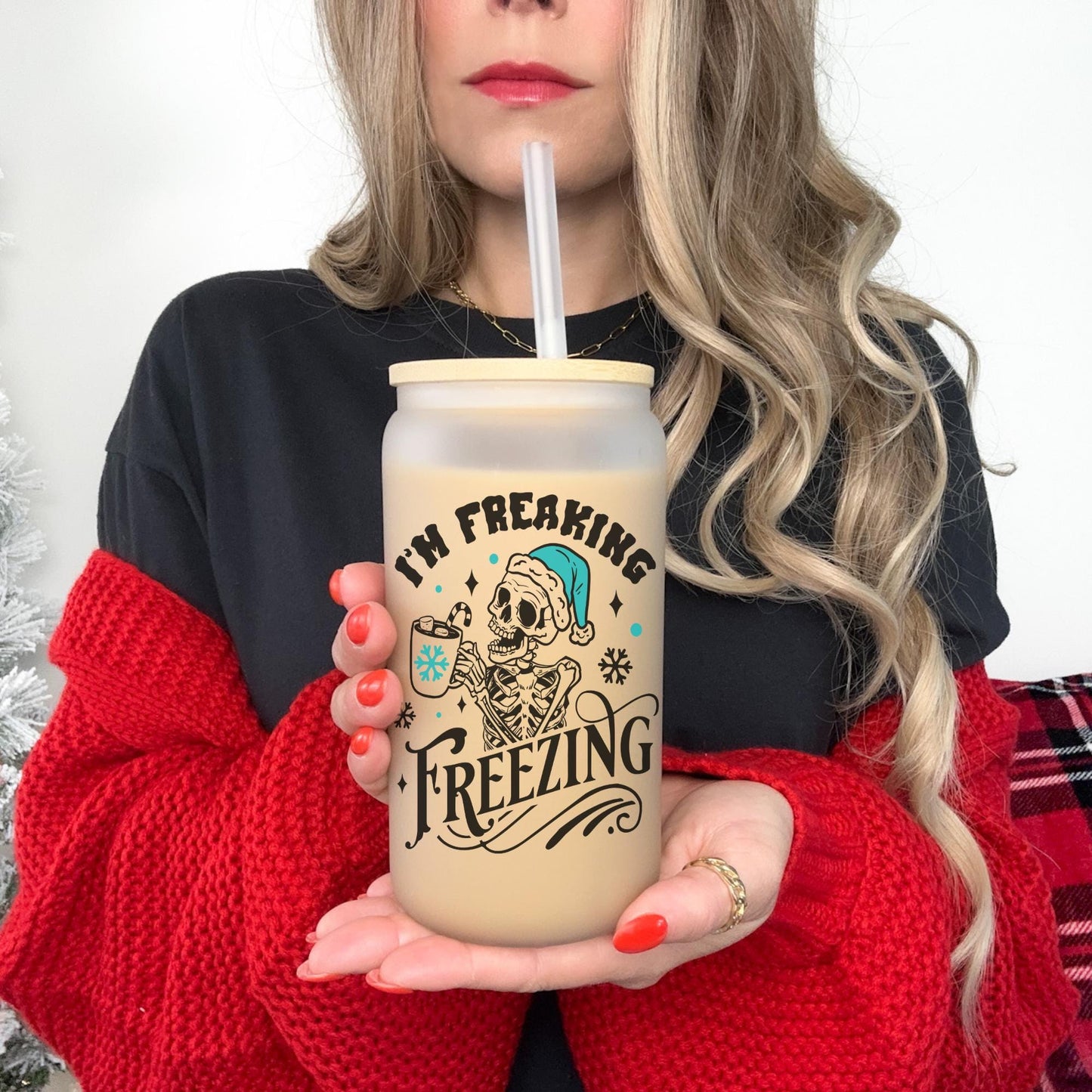 I'm Freaking Freezing 16oz Iced Coffee Cup, Iced Coffee Glass, Holiday Glass, Christmas Glass Can, Coffee Cup w/ Reusable Straw & Lid.