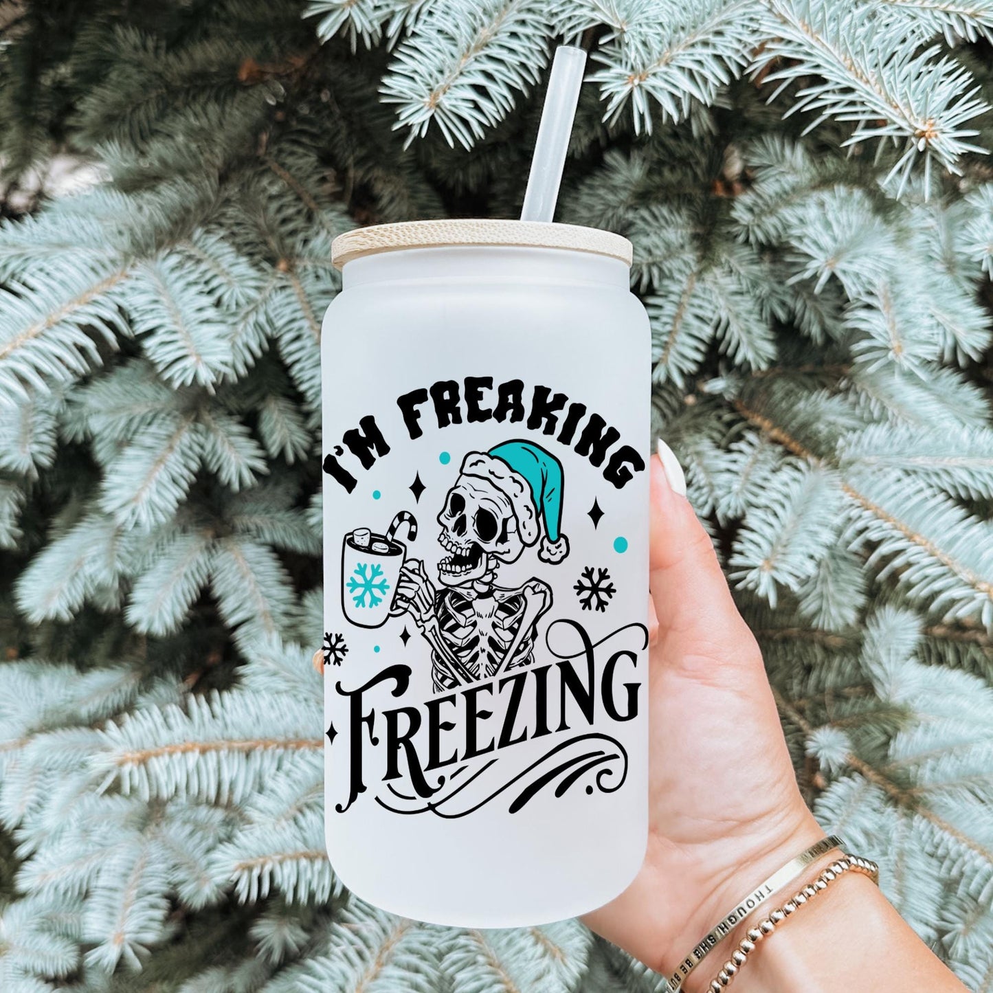 I'm Freaking Freezing 16oz Iced Coffee Cup, Iced Coffee Glass, Holiday Glass, Christmas Glass Can, Coffee Cup w/ Reusable Straw & Lid.