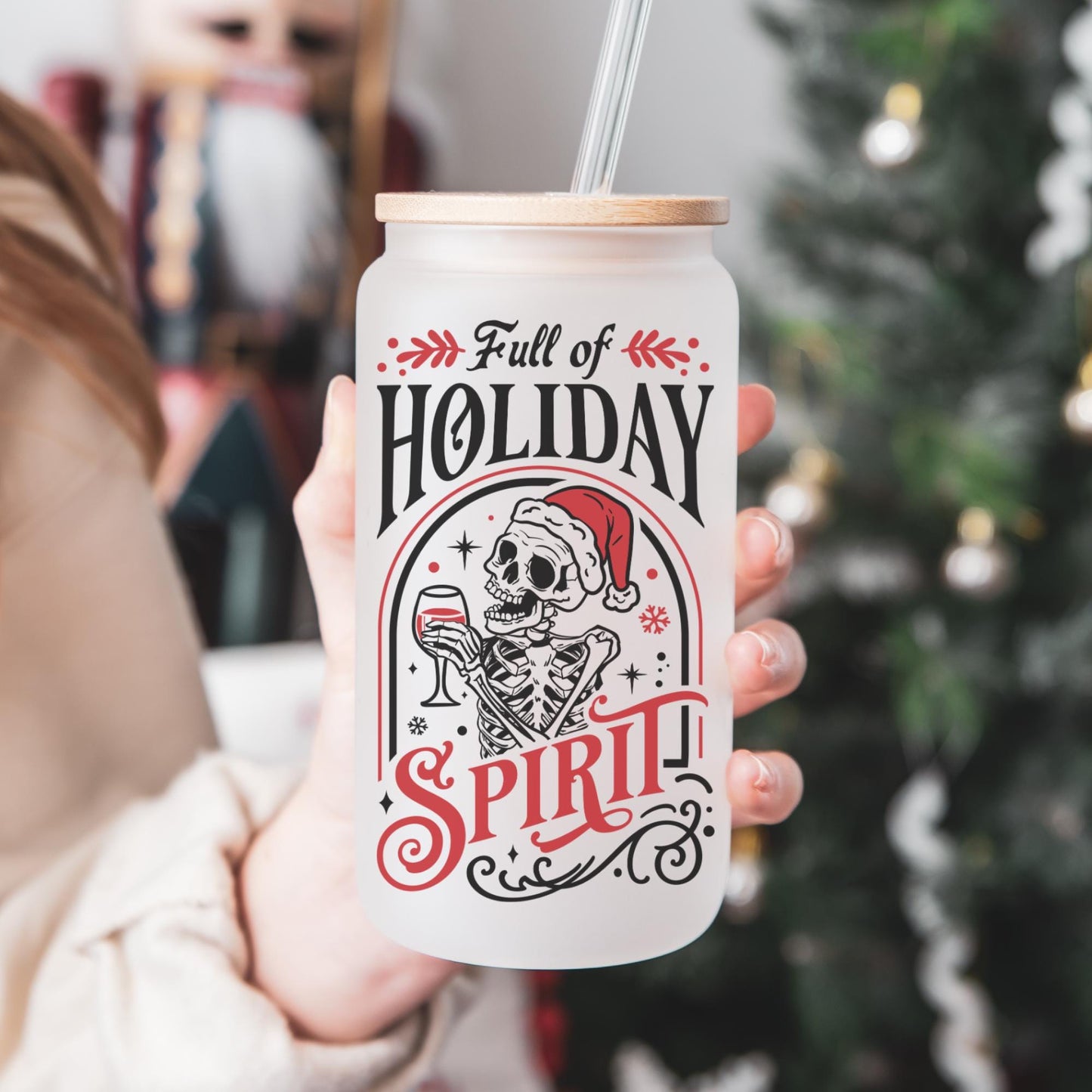 Holiday Spirit 16oz Iced Coffee Cup, Christmas Cups, Coffee Glass, Iced Coffee Glass, Holiday Glass, Coffee Cup w/ Reusable Straw & Lid