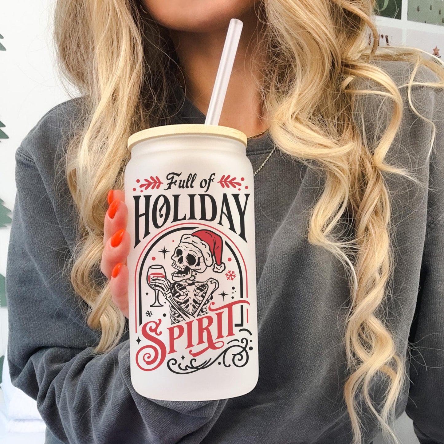 Holiday Spirit 16oz Iced Coffee Cup, Christmas Cups, Coffee Glass, Iced Coffee Glass, Holiday Glass, Coffee Cup w/ Reusable Straw & Lid