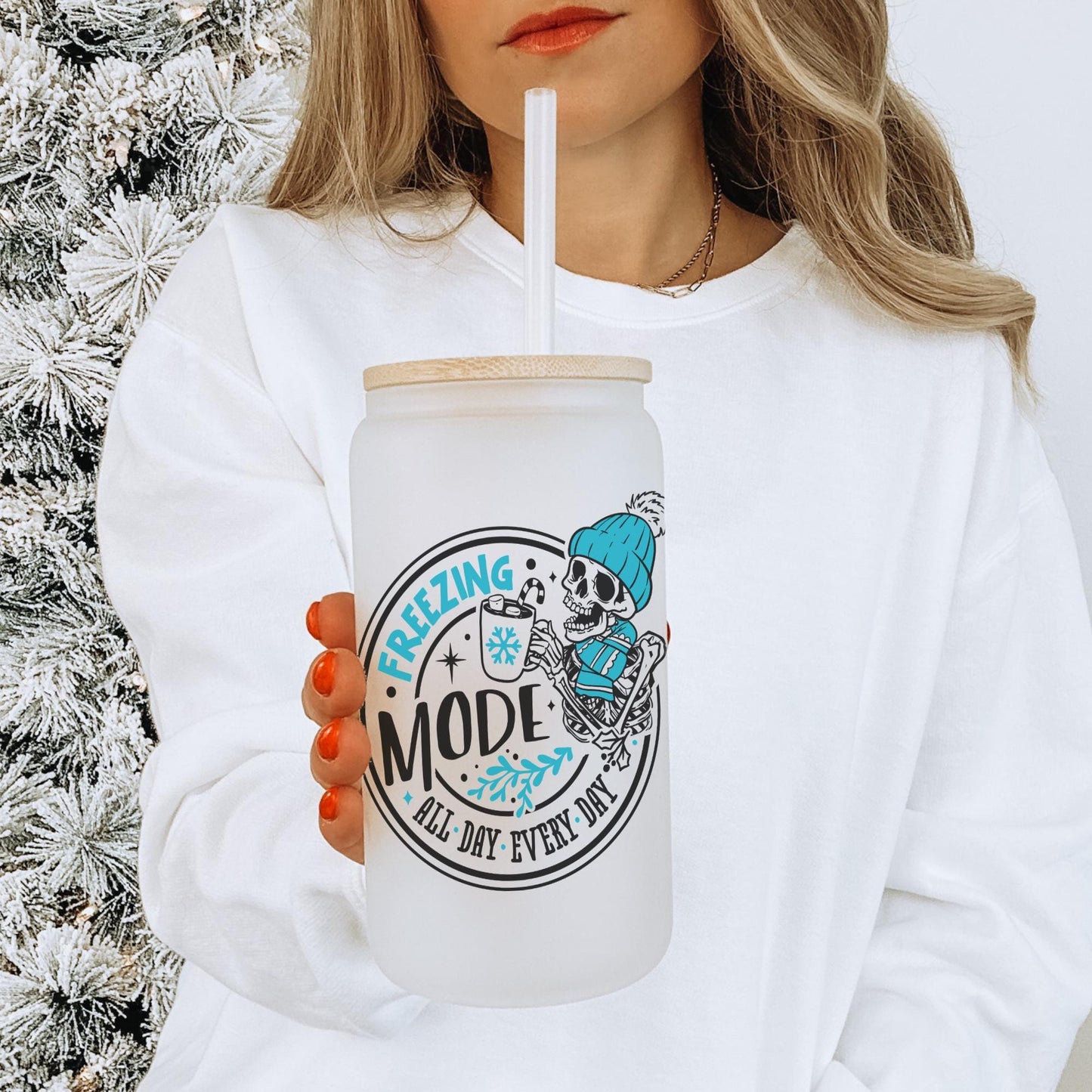 Freezing Mode 16oz Iced Coffee Cup, Christmas Cups, Coffee Glass, Iced Coffee Glass, Holiday Glass, Coffee Cup w/ Reusable Straw & Lid.