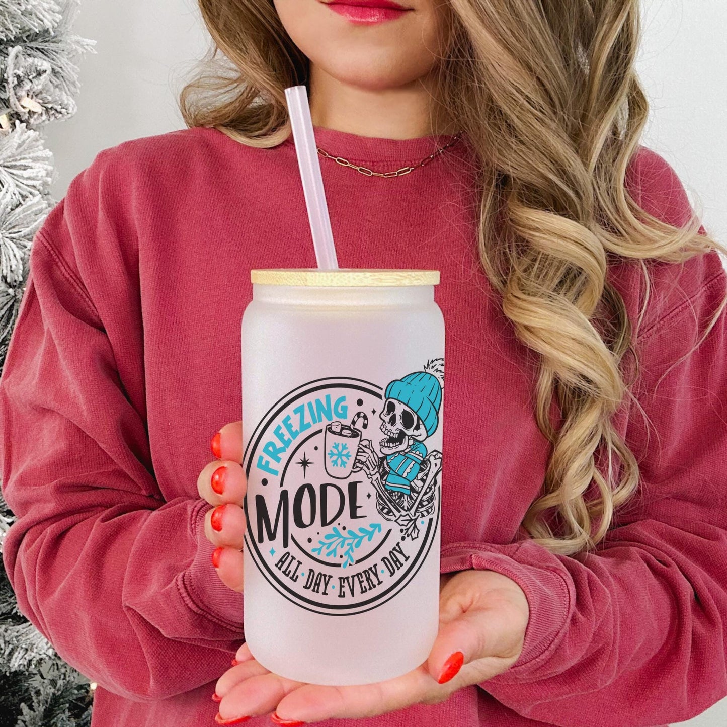 Freezing Mode 16oz Iced Coffee Cup, Christmas Cups, Coffee Glass, Iced Coffee Glass, Holiday Glass, Coffee Cup w/ Reusable Straw & Lid.