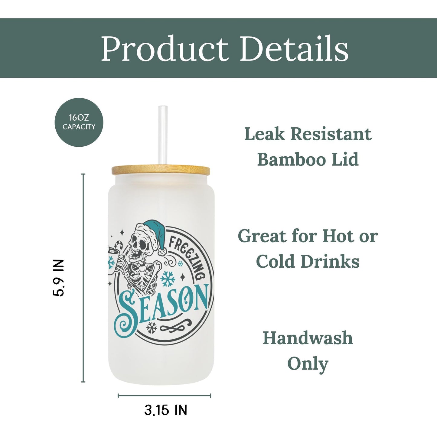 Freezing Season 16oz Iced Coffee Cup, Christmas Cups, Coffee Glass, Iced Coffee Glass, Holiday Glass, Coffee Cup w/ Reusable Straw & Lid