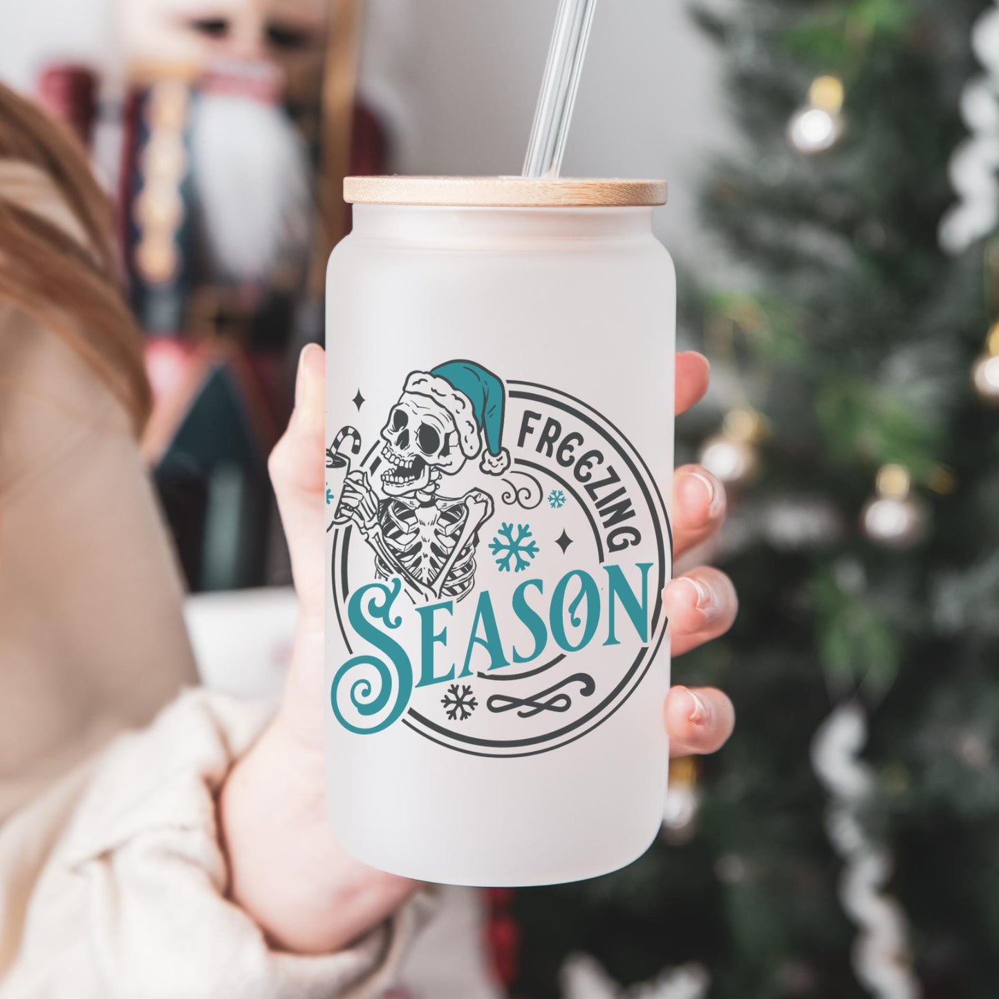 Freezing Season 16oz Iced Coffee Cup, Christmas Cups, Coffee Glass, Iced Coffee Glass, Holiday Glass, Coffee Cup w/ Reusable Straw & Lid