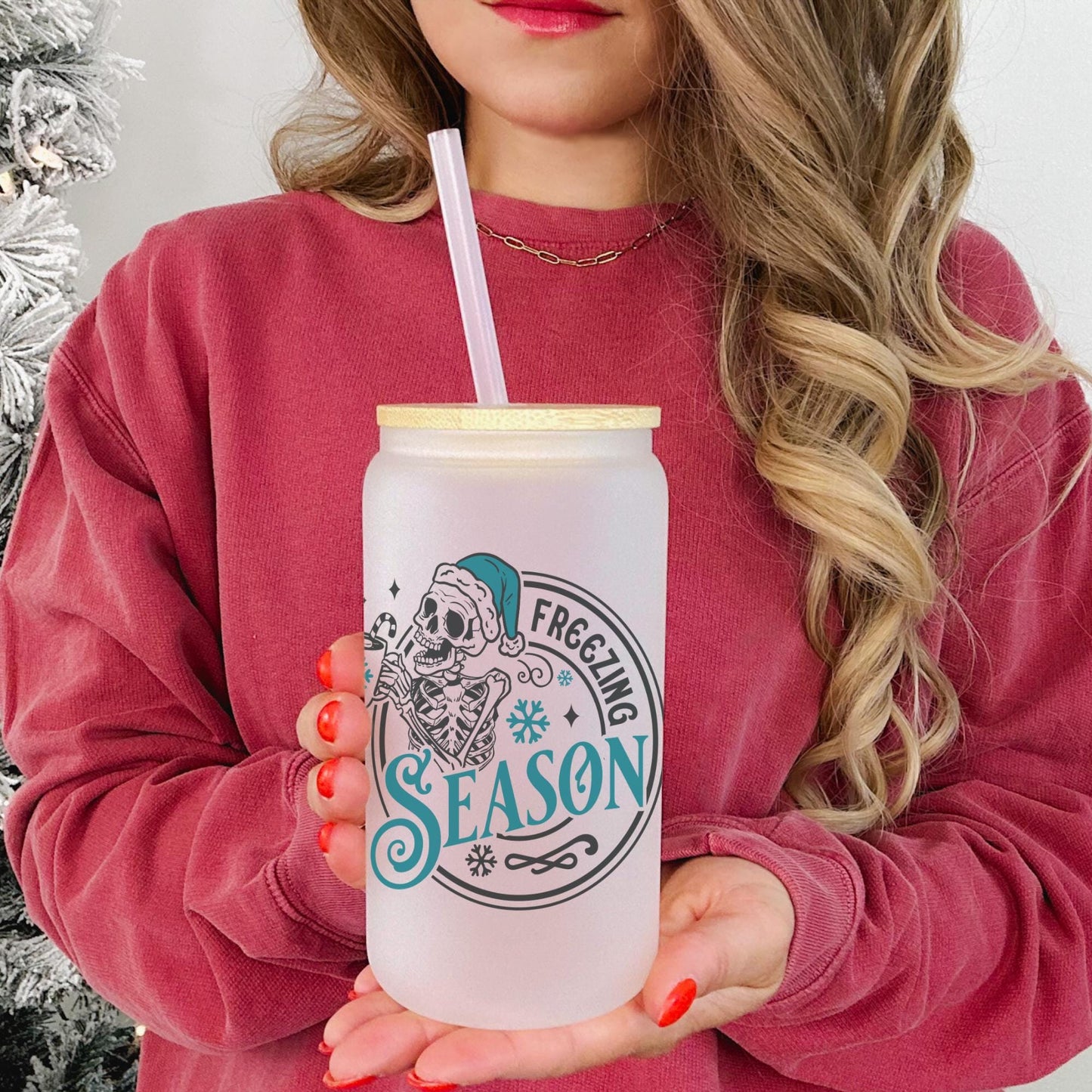 Freezing Season 16oz Iced Coffee Cup, Christmas Cups, Coffee Glass, Iced Coffee Glass, Holiday Glass, Coffee Cup w/ Reusable Straw & Lid
