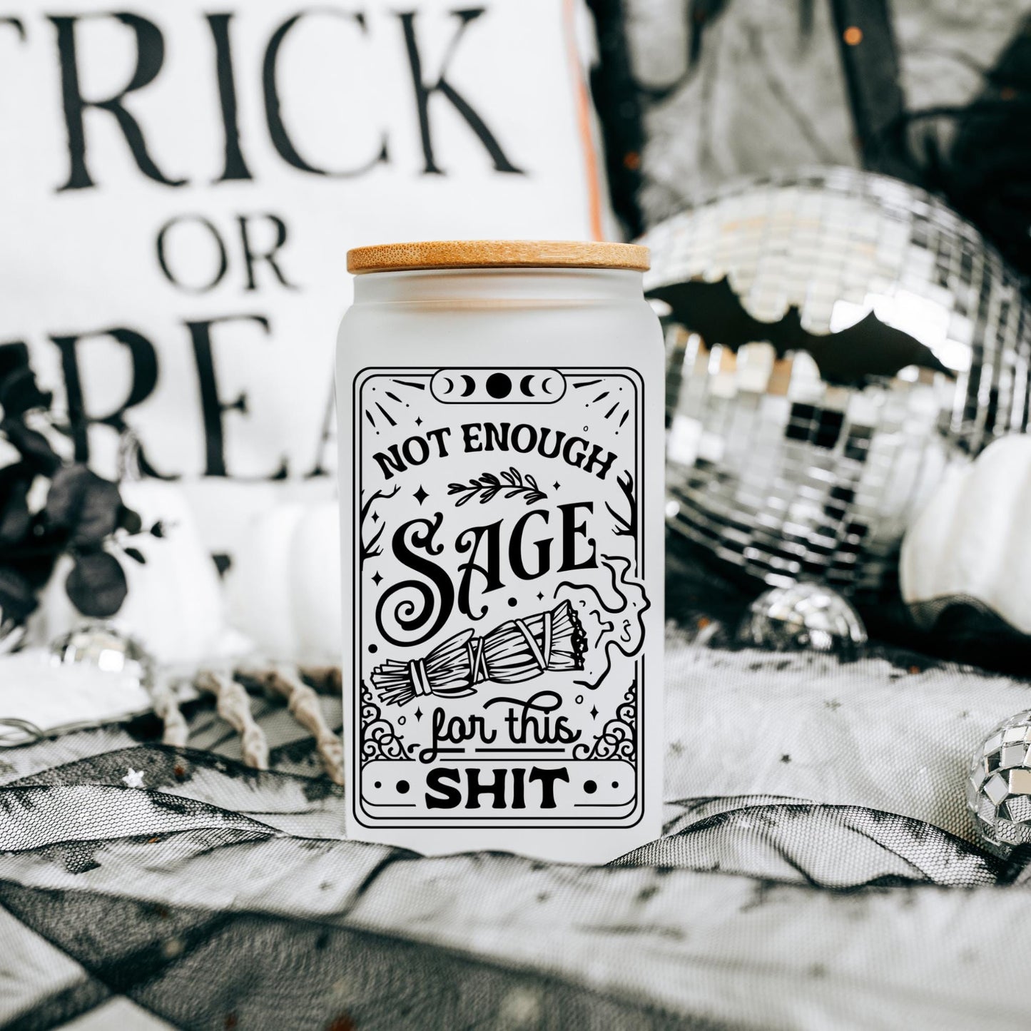 Not Enough Sage Funny Tarot 16oz Iced Coffee Cup, Tarot Card Glass, Celestial Glass Cup, Witchy Gift Cup, Coffee Cup w/ Straw & Bamboo Lid.