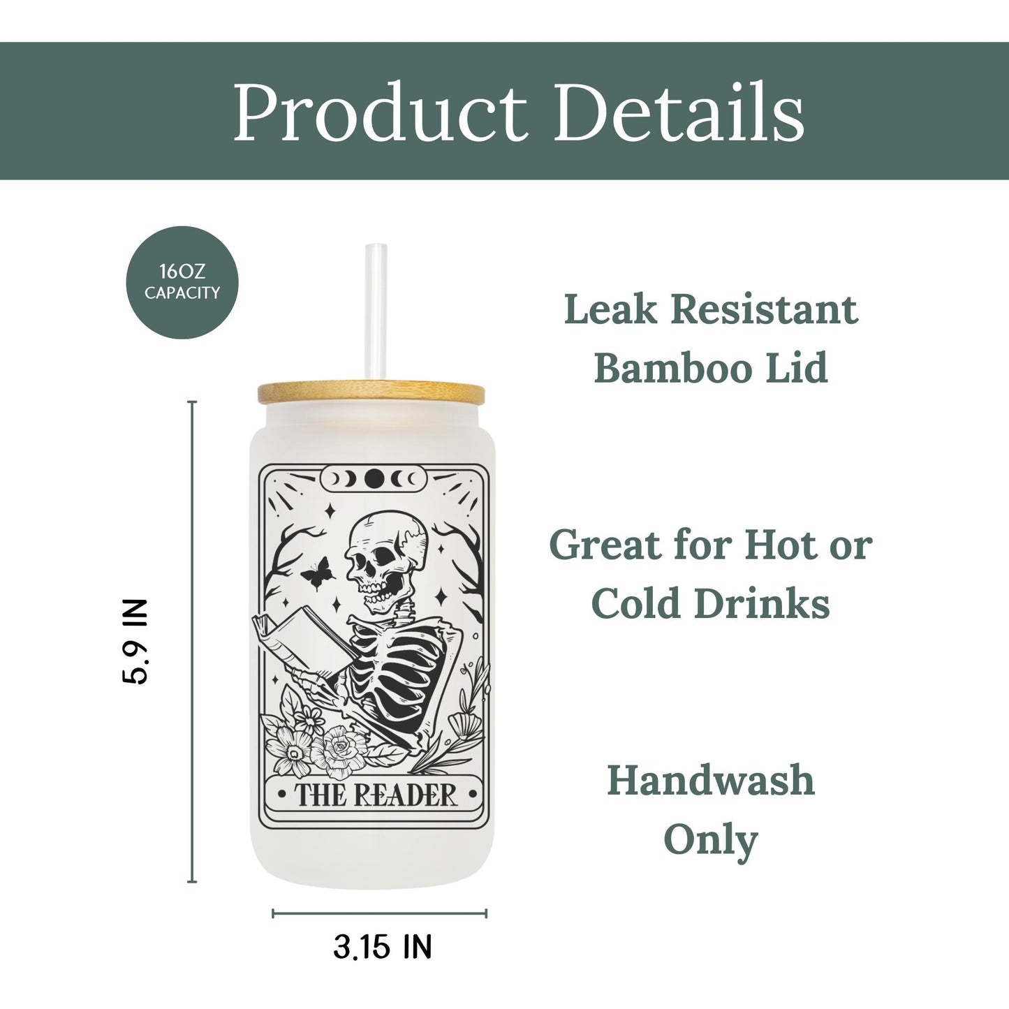 The Reader Tarot 16oz Iced Coffee Cup, Reader Gifts, Book Club Gift Exchange, Gift for Reader, Coffee Cup w/ Reusable Straw & Bamboo Lid.