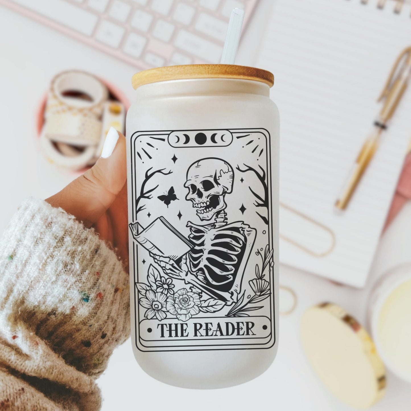 The Reader Tarot 16oz Iced Coffee Cup, Reader Gifts, Book Club Gift Exchange, Gift for Reader, Coffee Cup w/ Reusable Straw & Bamboo Lid.