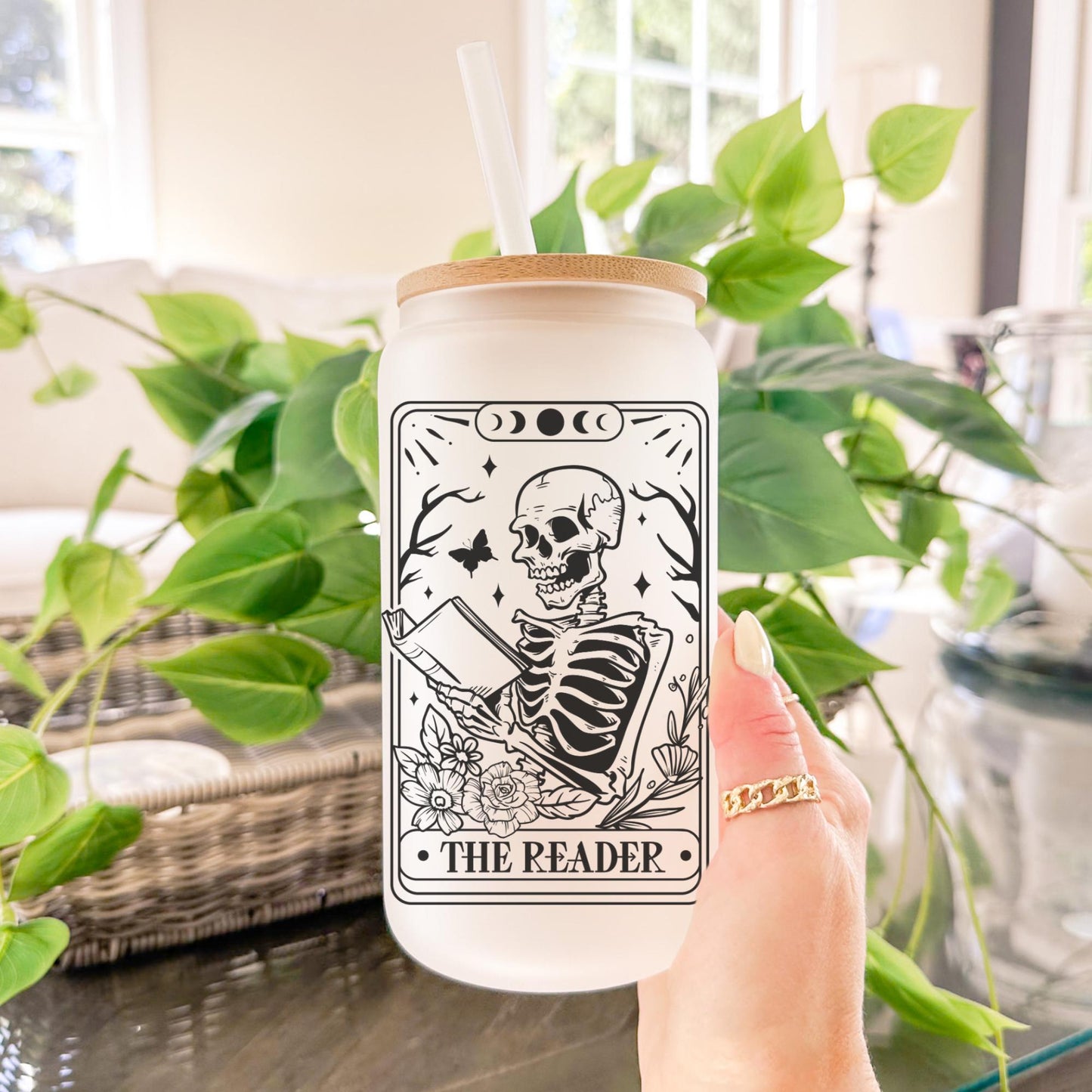 The Reader Tarot 16oz Iced Coffee Cup, Reader Gifts, Book Club Gift Exchange, Gift for Reader, Coffee Cup w/ Reusable Straw & Bamboo Lid.