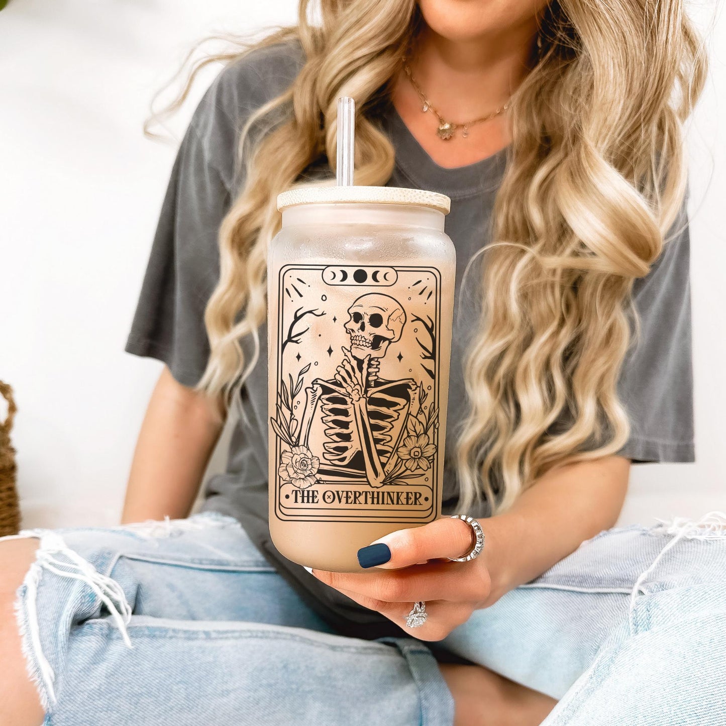 Overthinker Tarot 16oz Iced Coffee Cup, Tarot Card Glass Coffee Tumbler, Gifts for Someone Who Overthinks, Coffee Cup w/ Straw & Bamboo Lid.