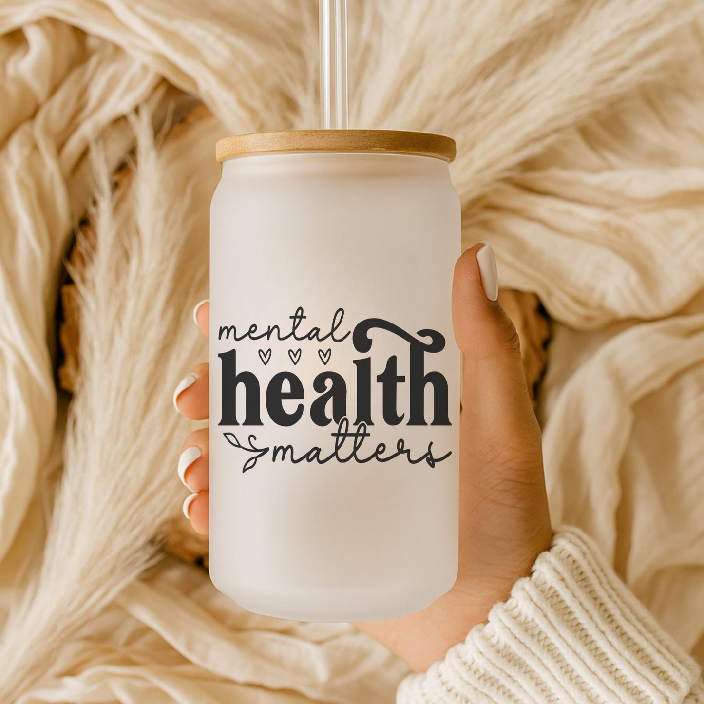 Mental Health Matters 16oz Iced Coffee Cup, Psychologist Gift, Gift For Therapist, Mental Health Glass Cup, Coffee Cup w/ Straw & Lid.