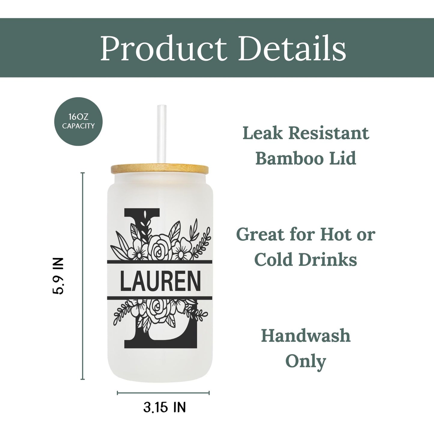 Floral Line Art Letter 16oz Iced Coffee Cup, Bridesmaid Gift, Bachelorette Glass Cup, Bridesmaid Proposal, Coffee Cup w/ Straw & Bamboo Lid.