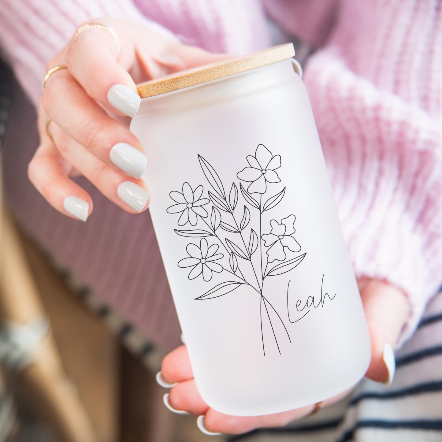 Personalized Floral Line Art Iced Coffee Cup 16oz, Bridesmaid Gift, Bachelorette Glass Cup, Bridesmaid Proposal, Coffee Cup w/ Straw & Lid.