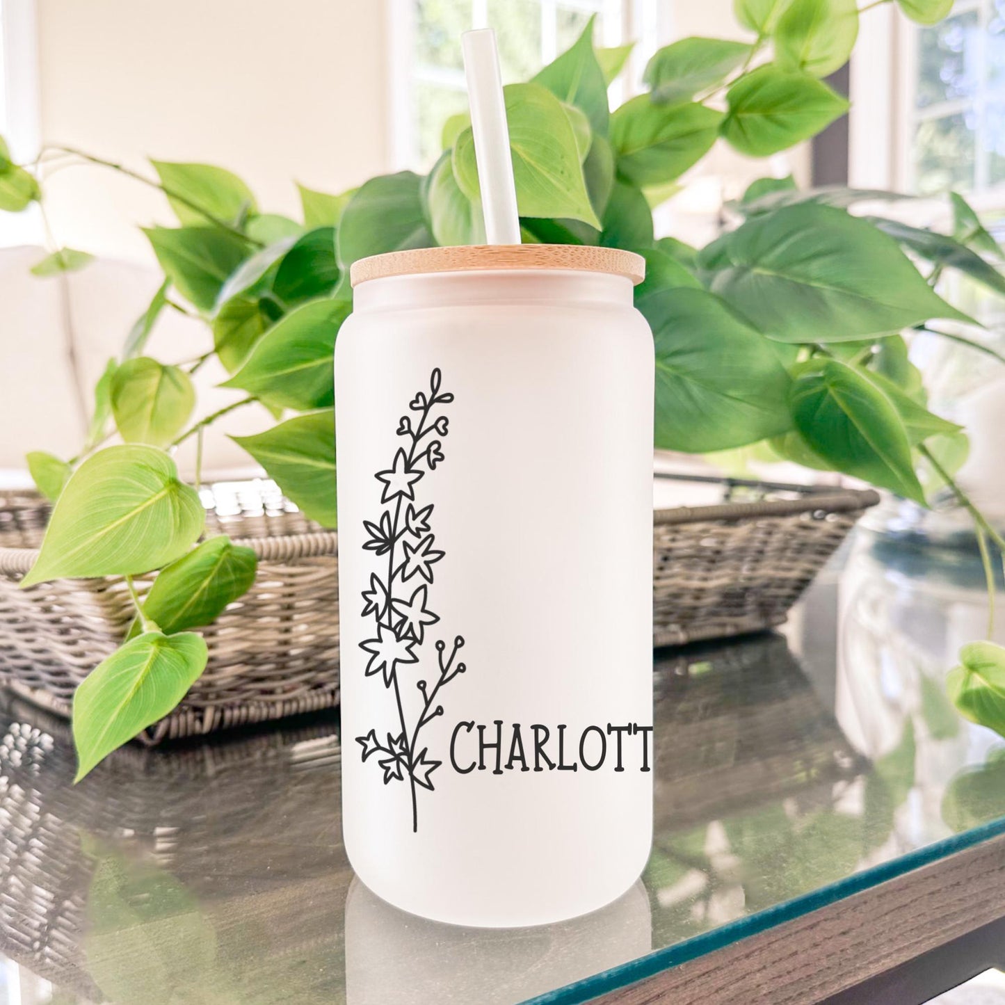 Birth Month Flower with Name 16oz Iced Coffee Cup, Gifts for Her, Bridesmaid Proposal Gift, Birthday Gift, Coffee Cup w/ Straw & Bamboo Lid.