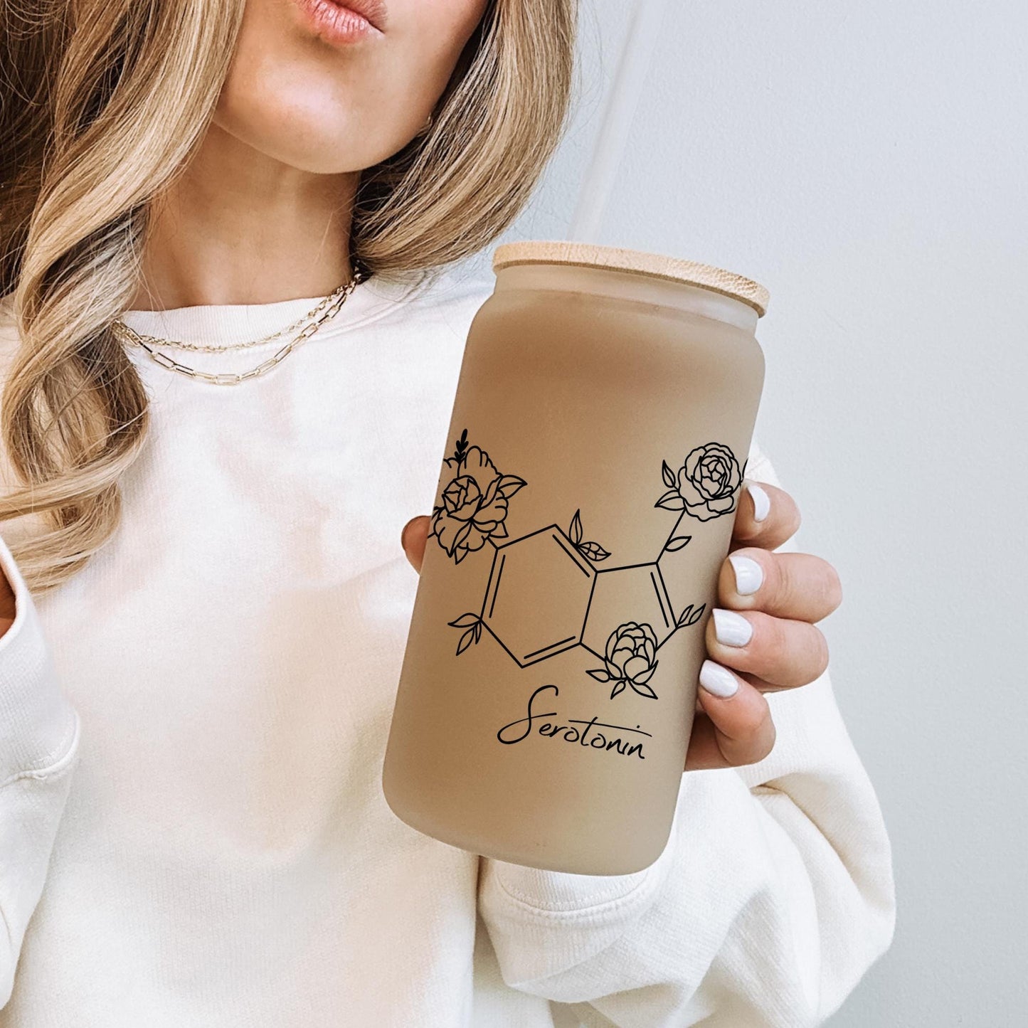 Chemical I 16oz Iced Coffee Cup, Serotonin Humor Gift, Science Teacher Gift, Chemistry Gift, Coffee Cup w/ Reusable Straw & Bamboo Lid.
