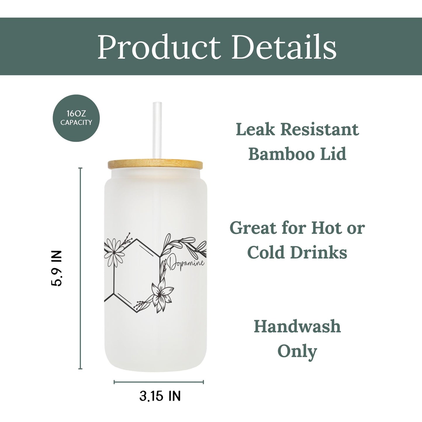 Chemical II 16oz Iced Coffee Cup, Lab Tech Cup, Chemistry Gift, Science Teacher Iced Coffee Mug, Coffee Cup w/ Reusable Straw & Bamboo Lid.