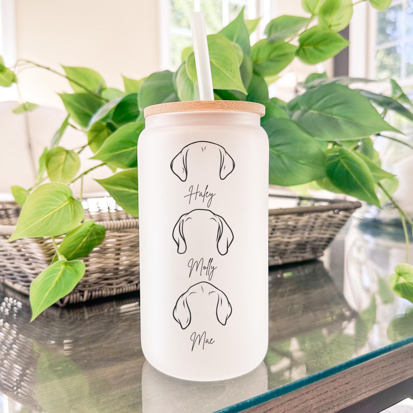 Personalized Pet Ears with Names 16oz Iced Coffee Cup, Dog Mom Gift For Her, Dog Dad Gift, Dog Ear Travel Mug, Coffee Cup w/ Straw & Lid