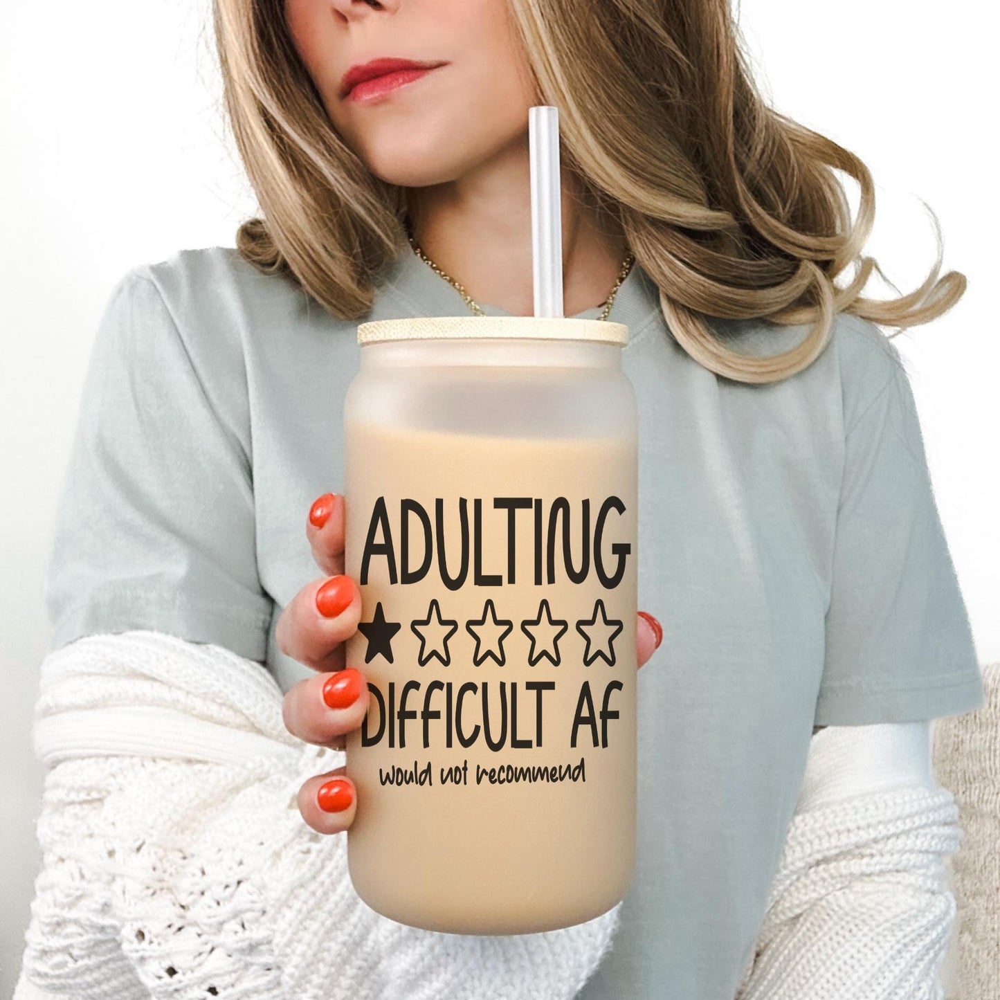 Adulting Would not Recommended 16oz Iced Coffee Cup, Funny Tumbler, Iced Coffee Lover Gift, Adulting Coffee Cup, Coffee Cup w/ Straw & Lid.