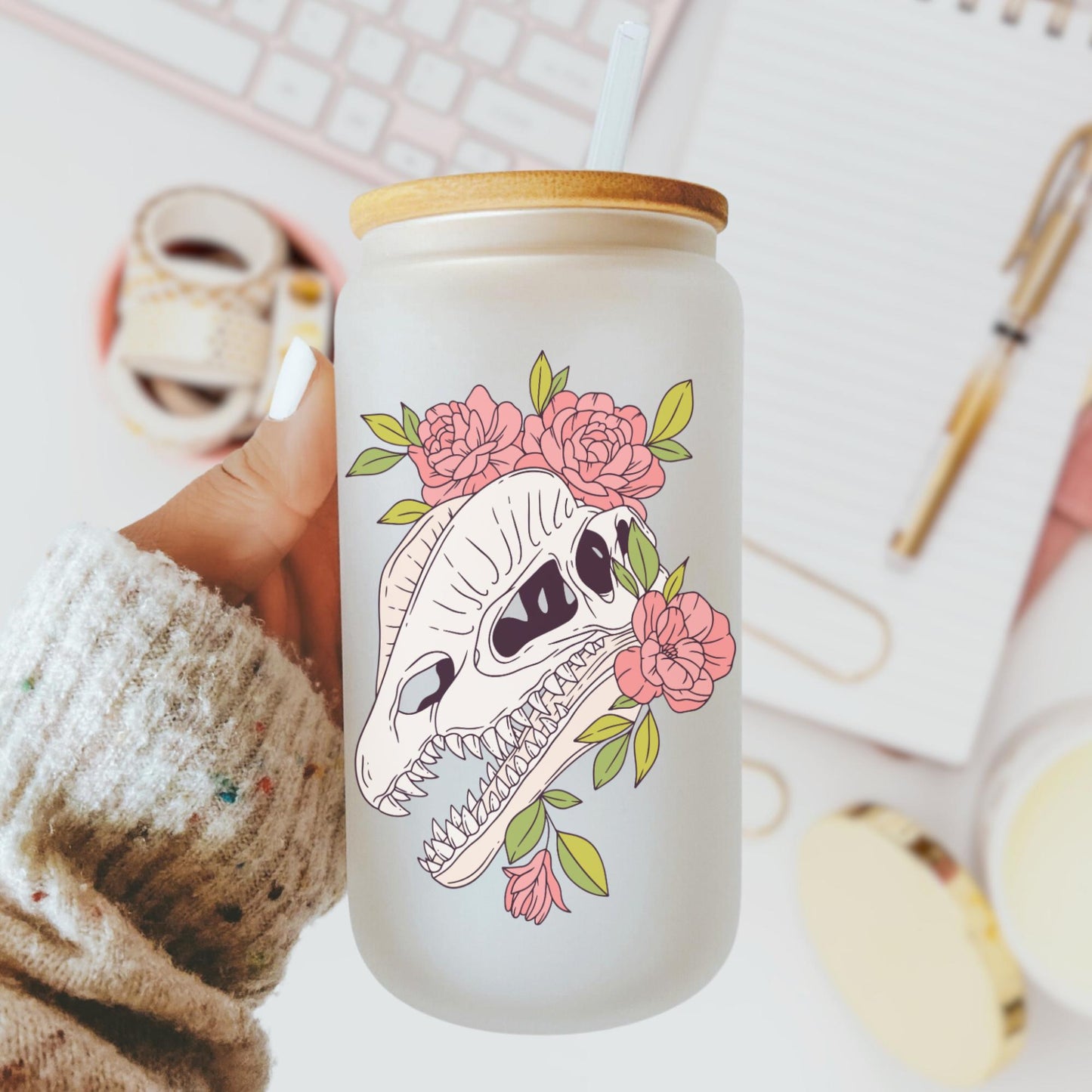 Floral Dilophosaurus Dinosaur 16oz Iced Coffee Cup, Dinosaur Cup, Floral Dinosaur Cup, Dinosaur Lover Gift, Coffee Cup w/ Straw & Bamboo Lid