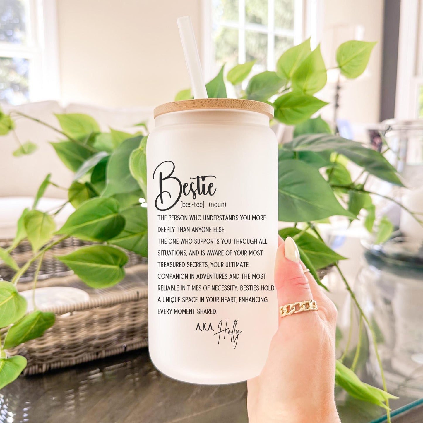 Bestie Gift 16oz Iced Coffee Cup, Best Friend Gift Idea Friend's Birthday Coffee Glass, Custom Name Glass, Coffee Cup w/ Straw & Bamboo Lid.