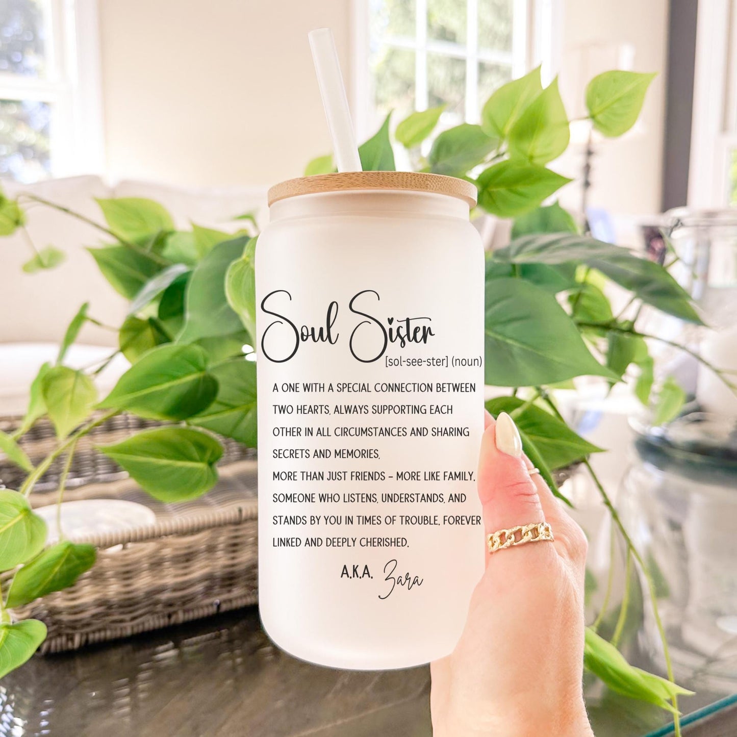 Soul Sister Gift 16oz Iced Coffee Cup, Best Friend Gift Idea Friend's Birthday Coffee Glass, Custom Name Glass, Coffee Cup w/ Straw & Lid.